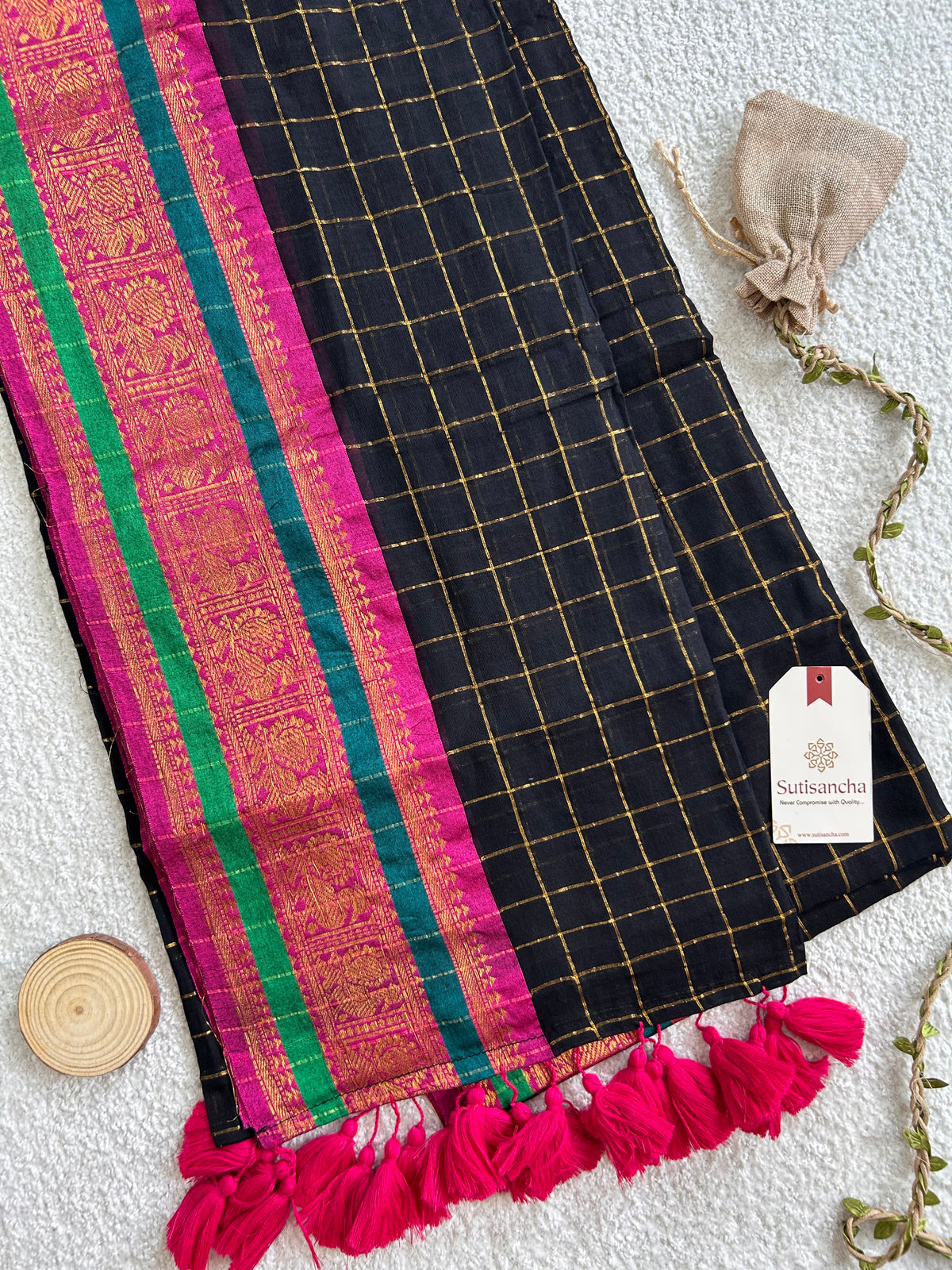Black Golden Zari Checks Pure Mul Cotton Saree with Heritage Border