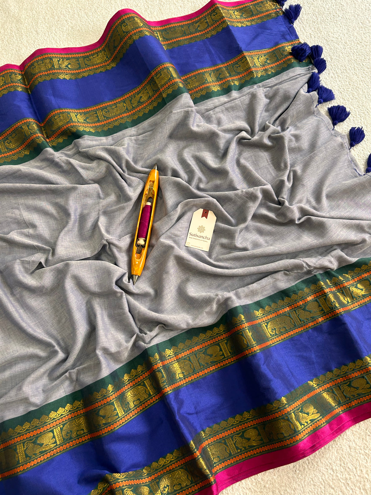 Royal Blue Heritage Zari Border Pure Mul Cotton Saree