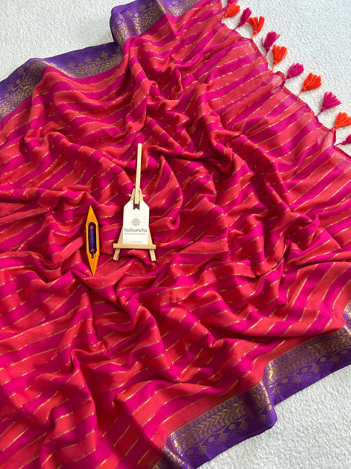 Rani Pink Golden Zari Stripe Heritage Border Pure Mul Cotton Saree