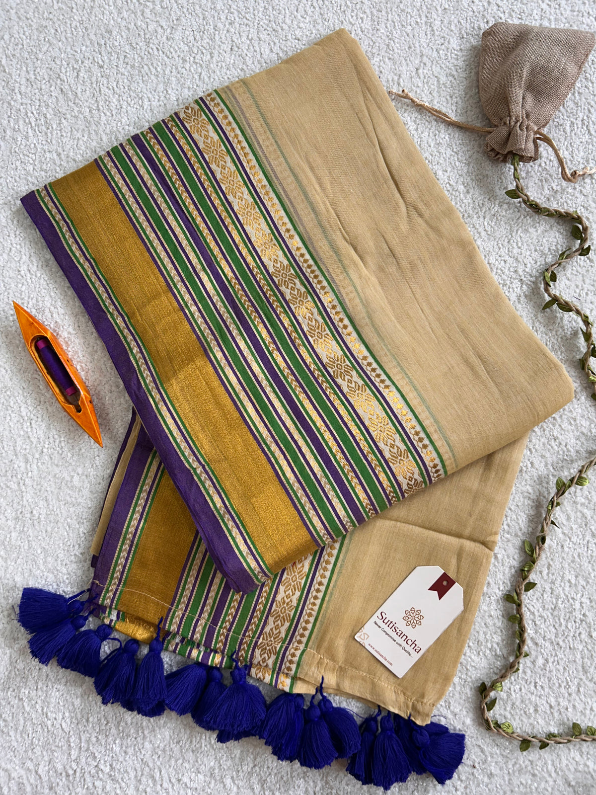 Beige Pure Mul Cotton Saree with Regal Zari Border