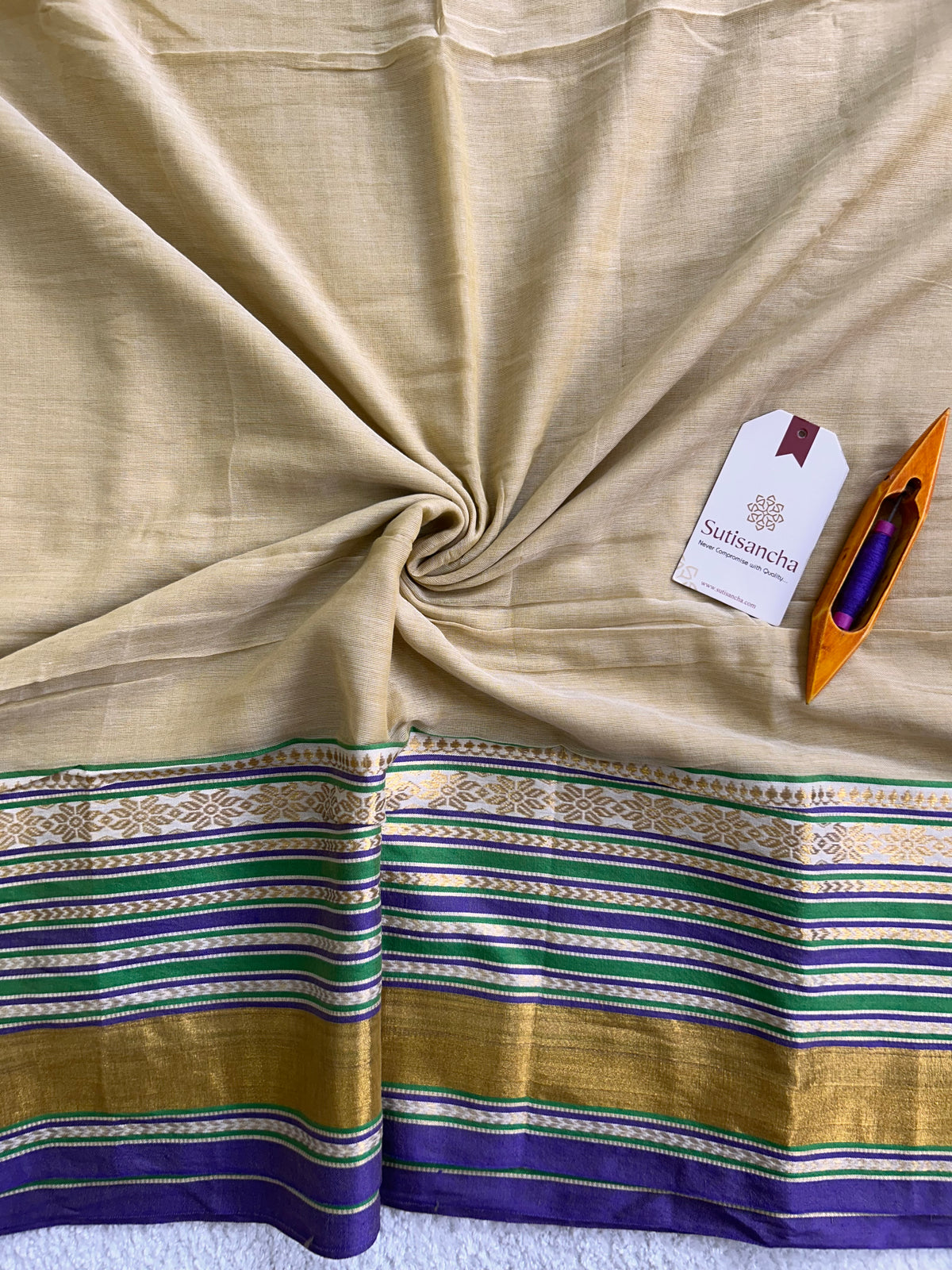 Beige Pure Mul Cotton Saree with Regal Zari Border