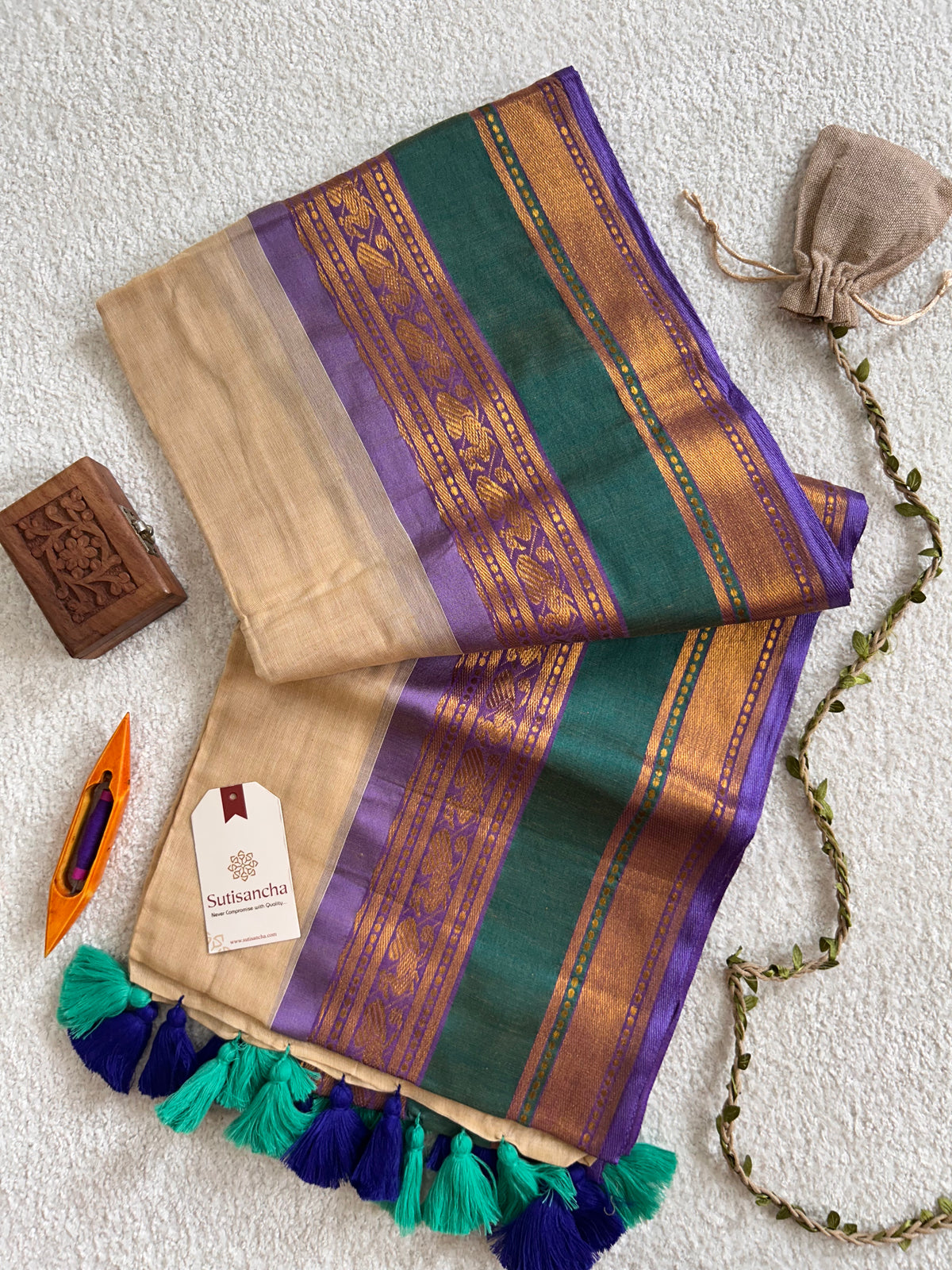 Beige Pure Mul Cotton Saree with Golden Zari Floral Border