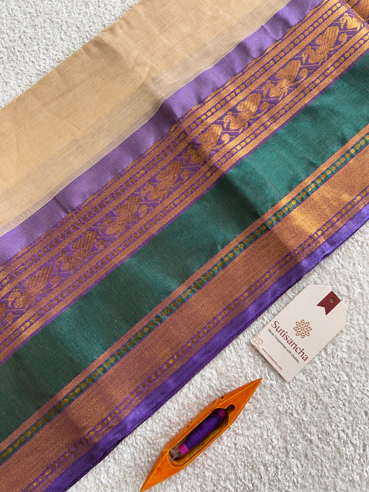 Beige Pure Mul Cotton Saree with Golden Zari Floral Border