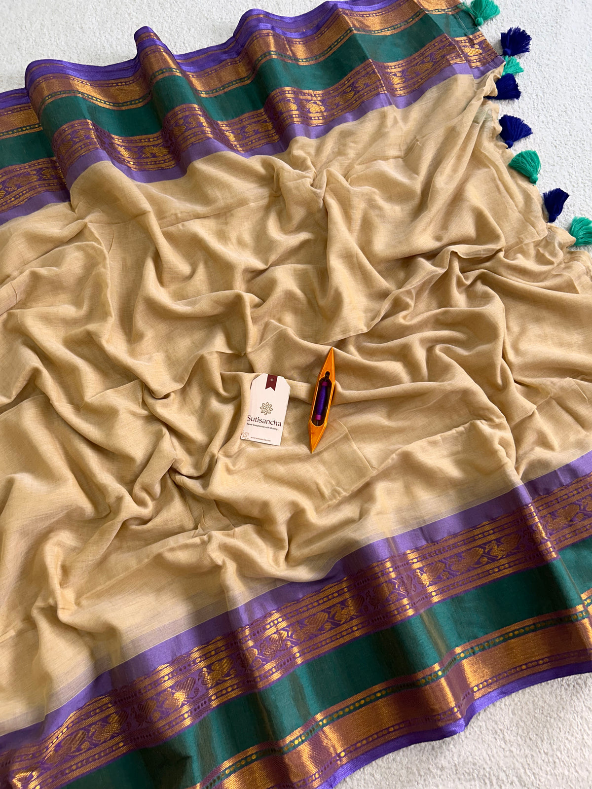 Beige Pure Mul Cotton Saree with Golden Zari Floral Border