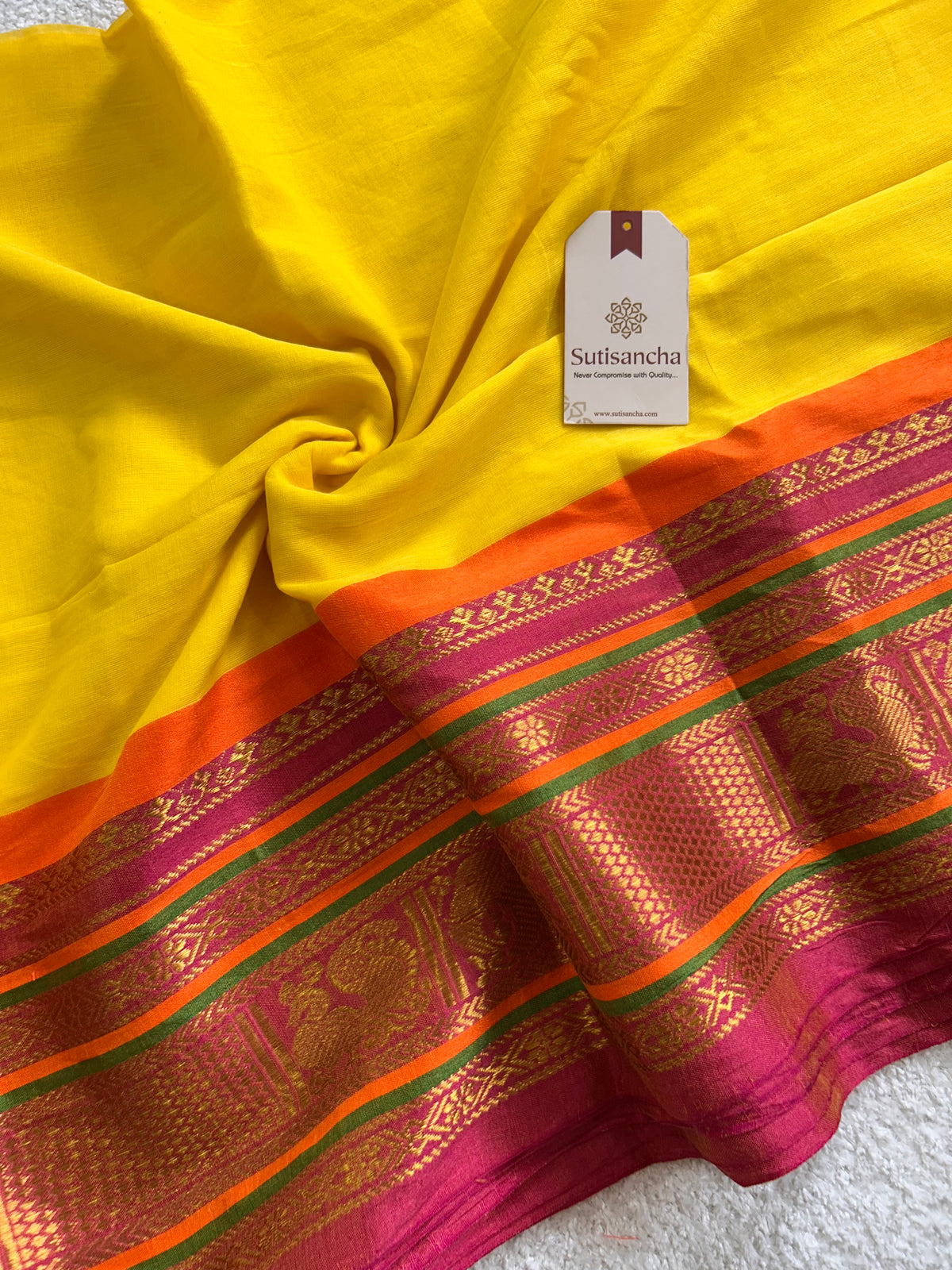 Yellow Pure Mul Cotton Saree with Traditional Golden Zari Heritage Border