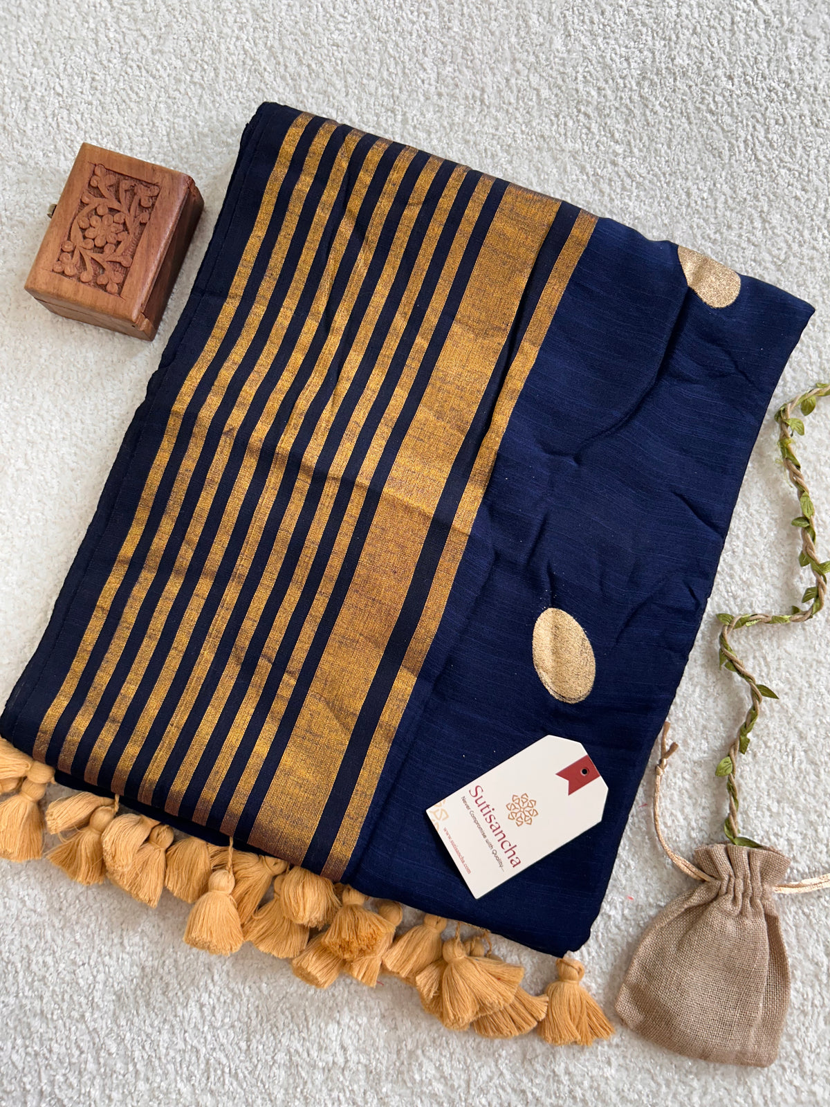 Kumud Zari Polka Multi Line Border Pure Mul Cotton Saree