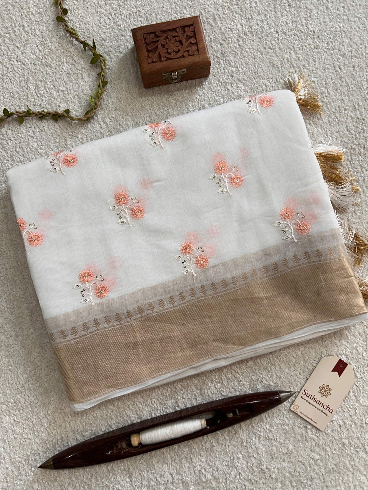 White Floral Thread Work Pure Cotton Saree