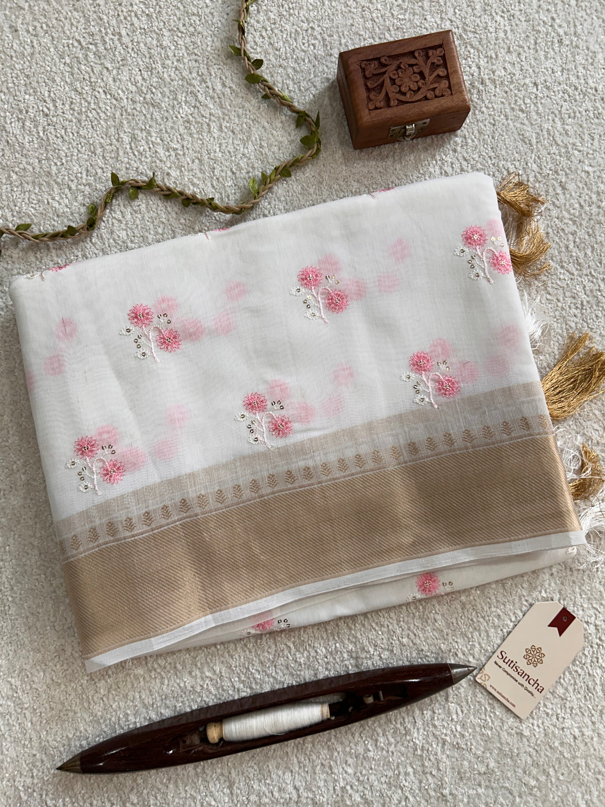 White Floral Thread Work Pure Cotton Saree