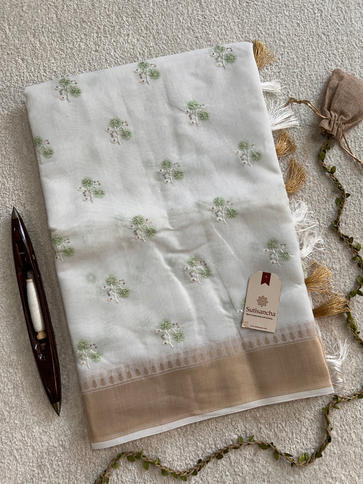 White Floral Thread Work Pure Cotton Saree