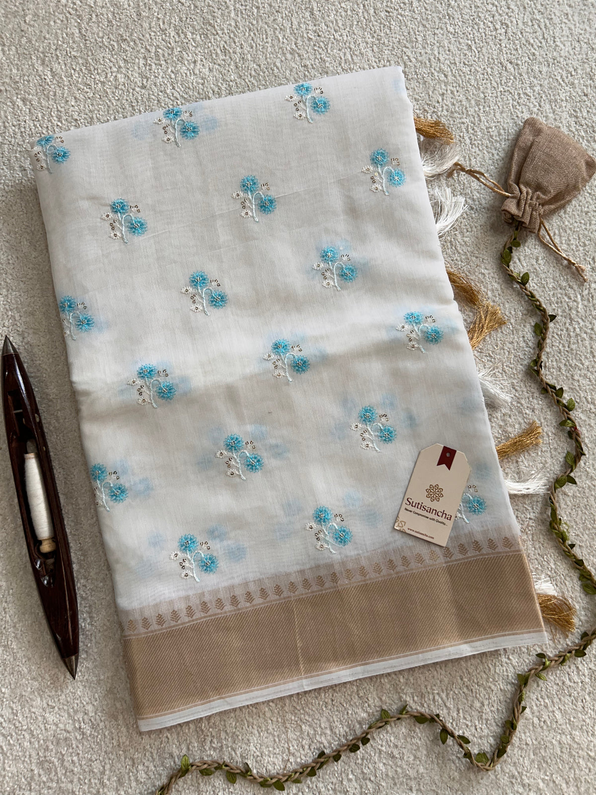White Floral Thread Work Pure Cotton Saree