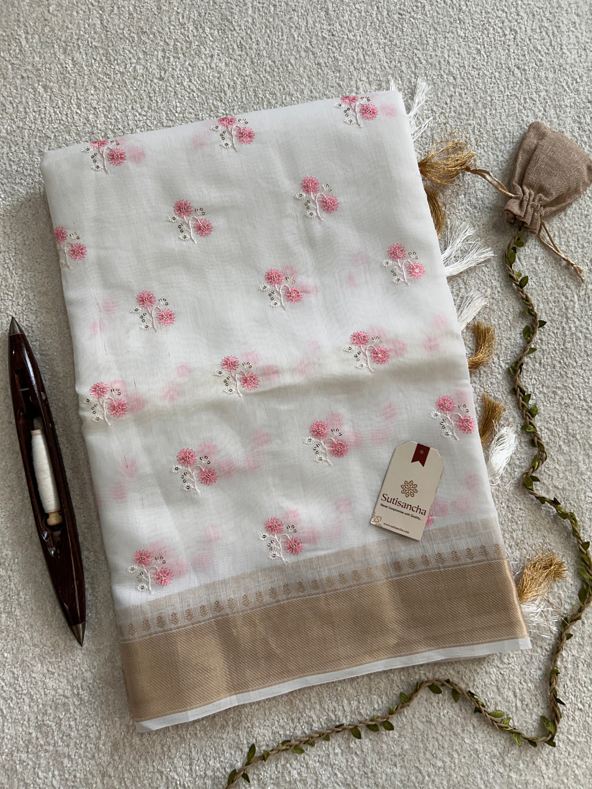 White Floral Thread Work Pure Cotton Saree