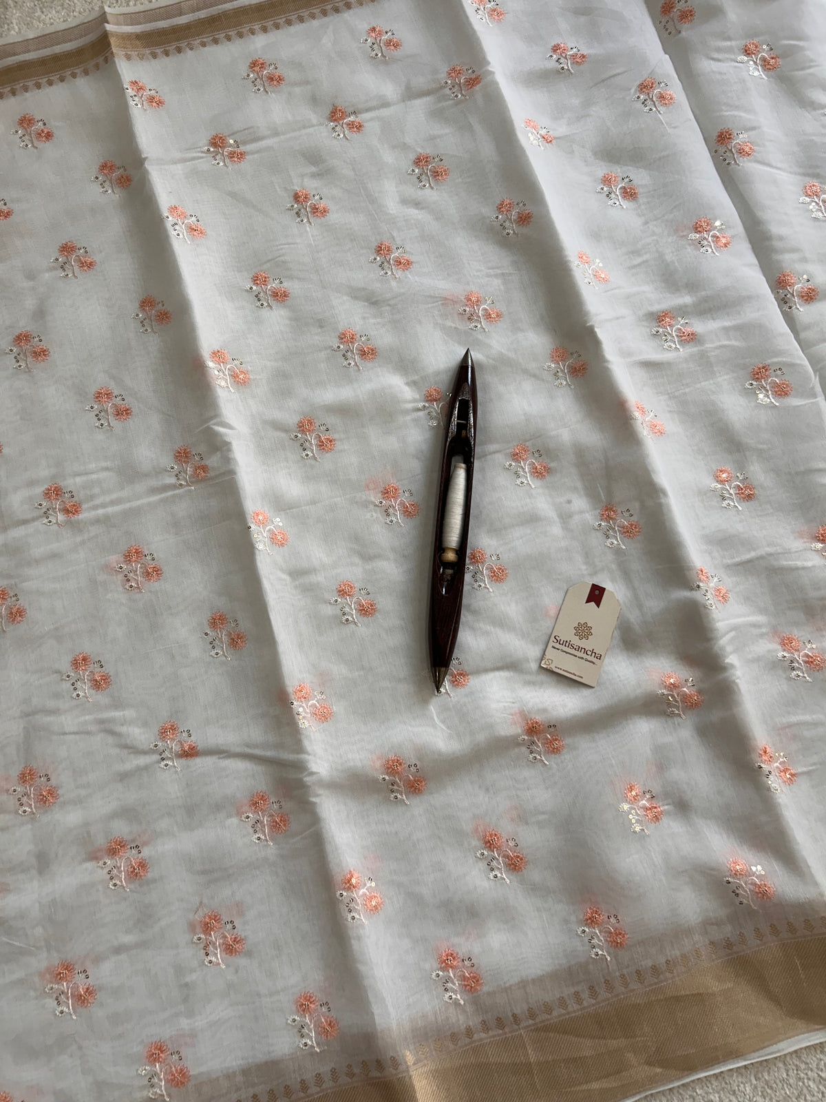 White Floral Thread Work Pure Cotton Saree