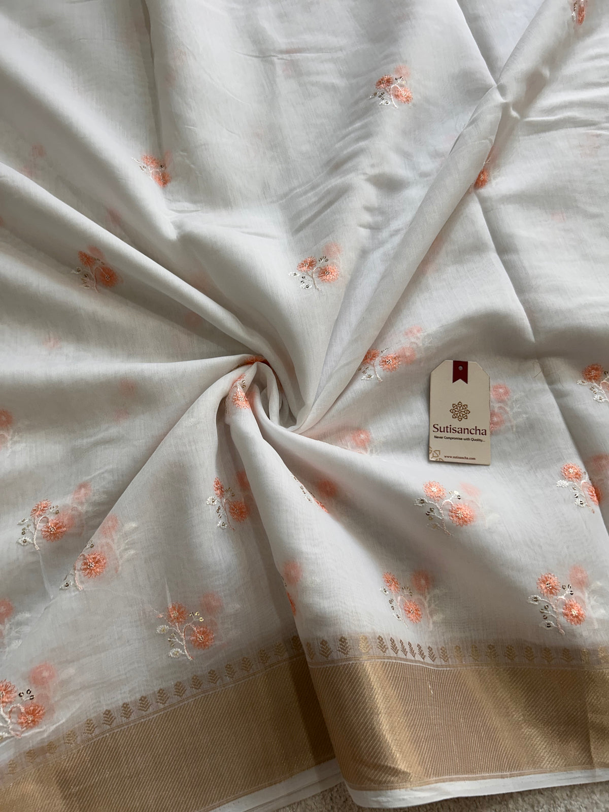White Floral Thread Work Pure Cotton Saree