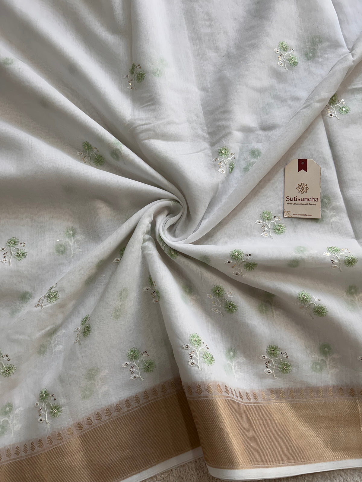 White Floral Thread Work Pure Cotton Saree