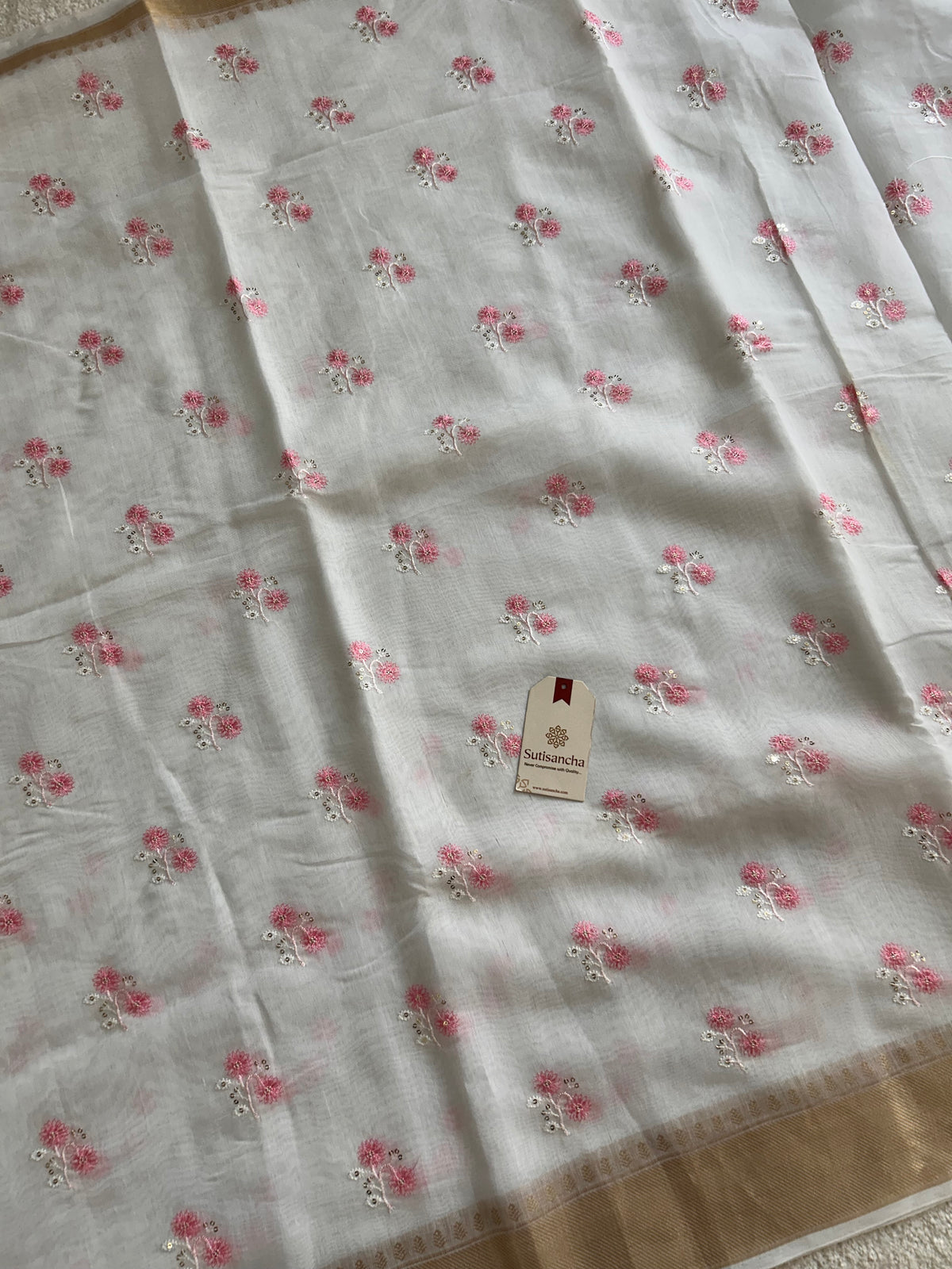 White Floral Thread Work Pure Cotton Saree