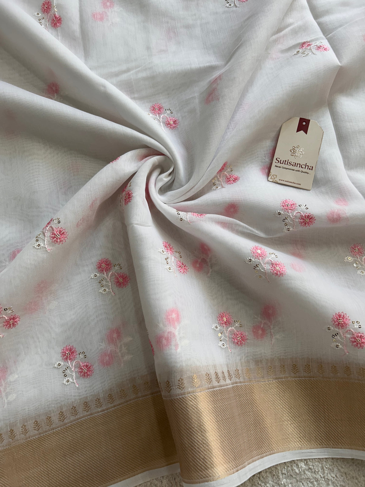 White Floral Thread Work Pure Cotton Saree