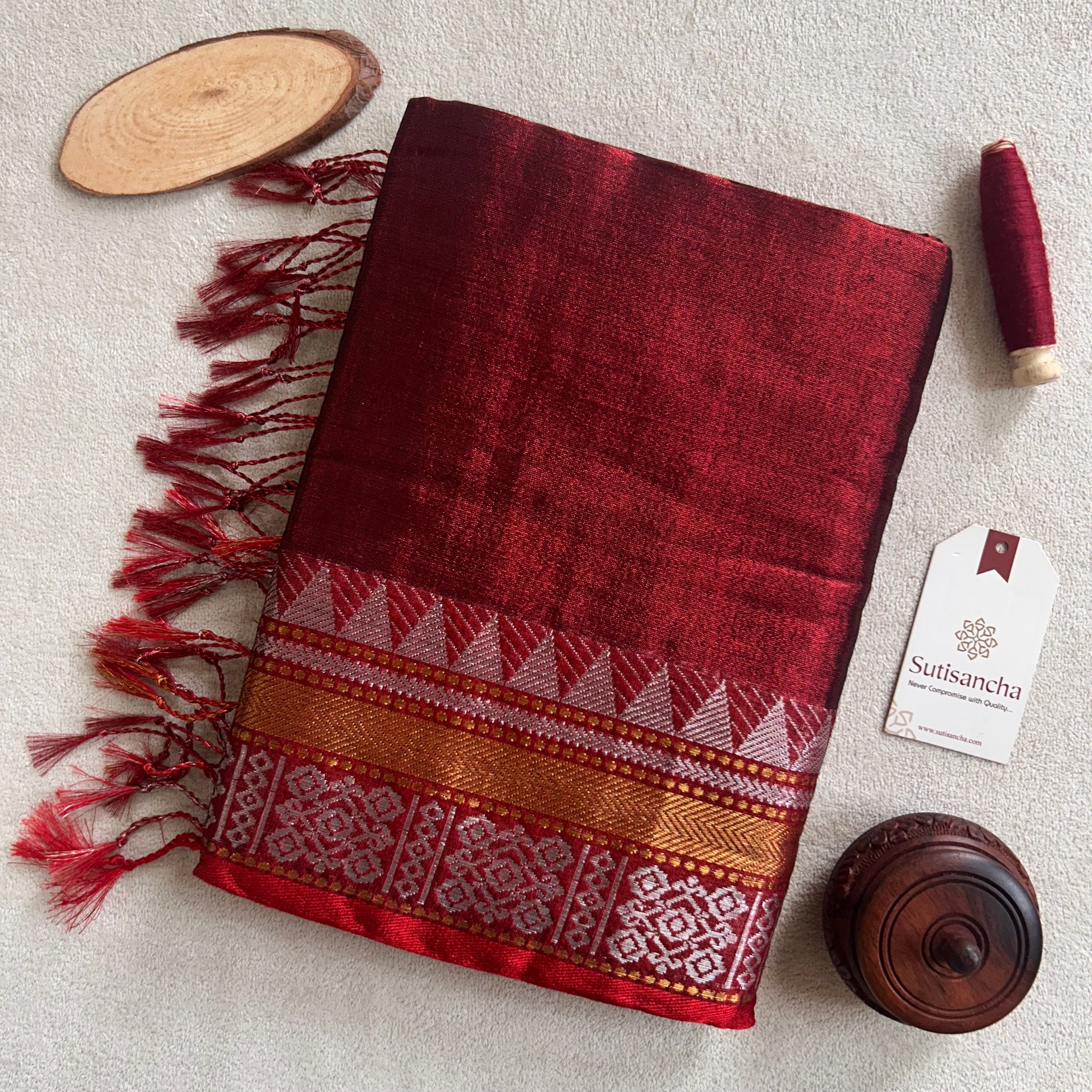 Artisan’s Touch: Maroon Handloom Tissue Cotton Saree