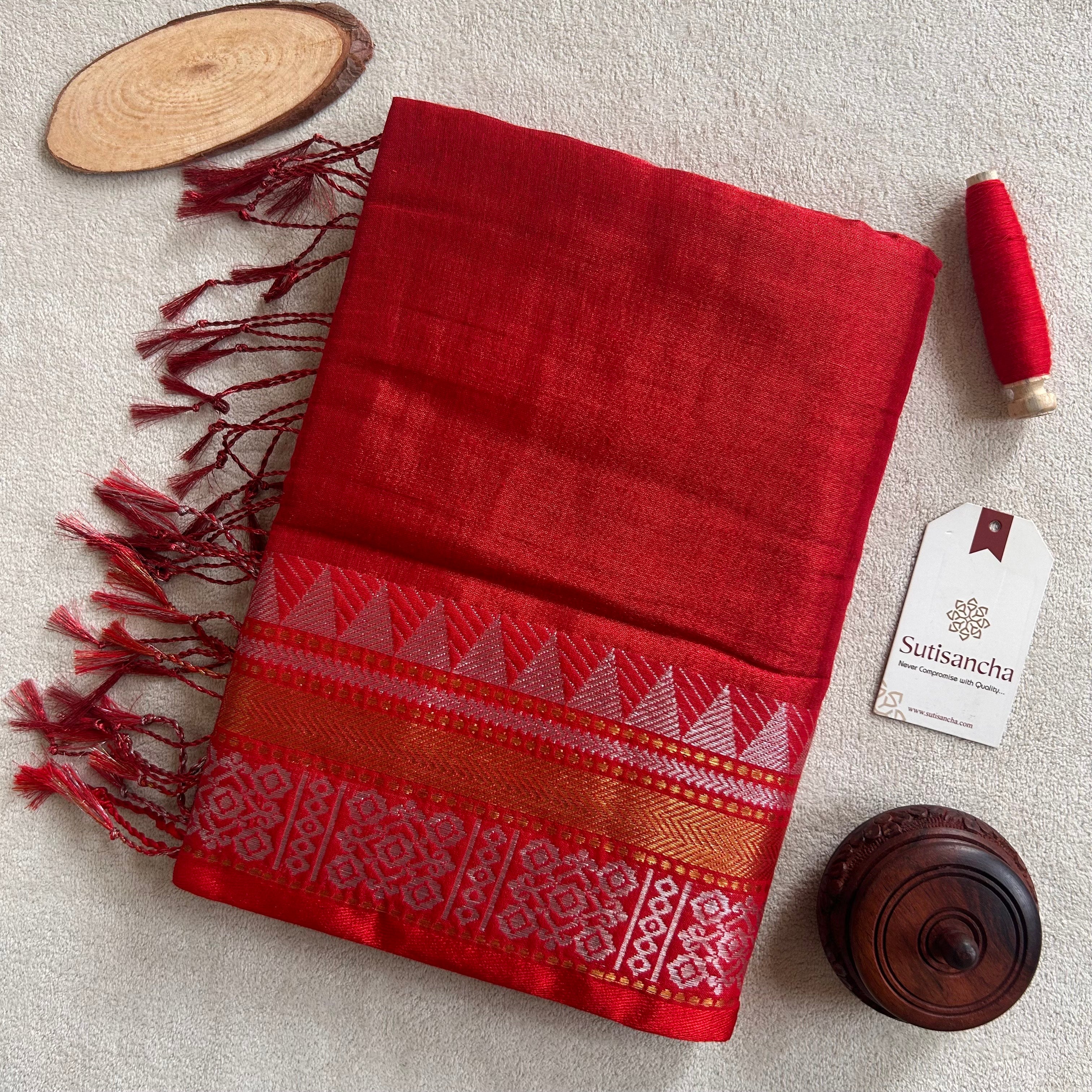 Artisan’s Touch: Red Handloom Tissue Cotton Saree