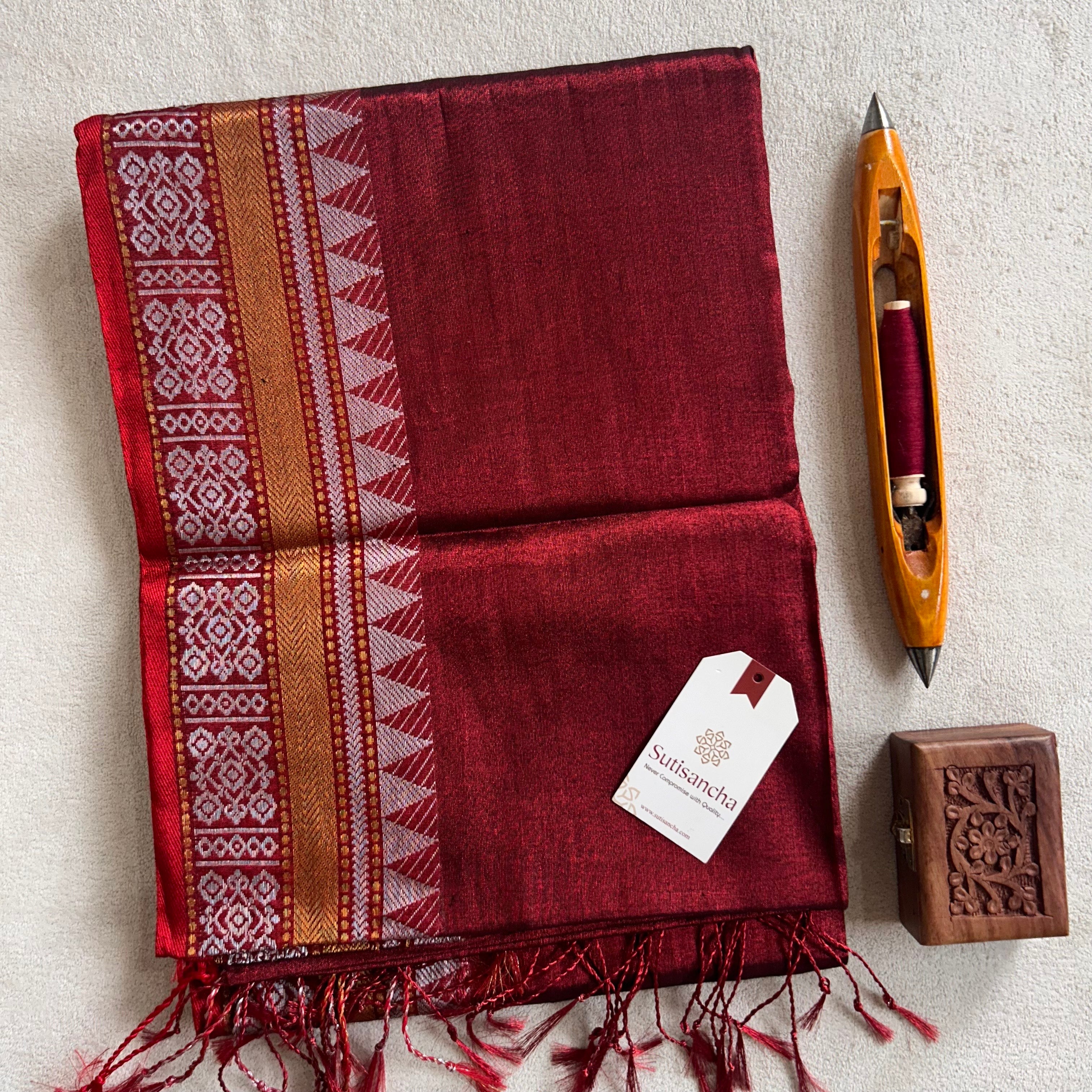 Artisan’s Touch: Maroon Handloom Tissue Cotton Saree