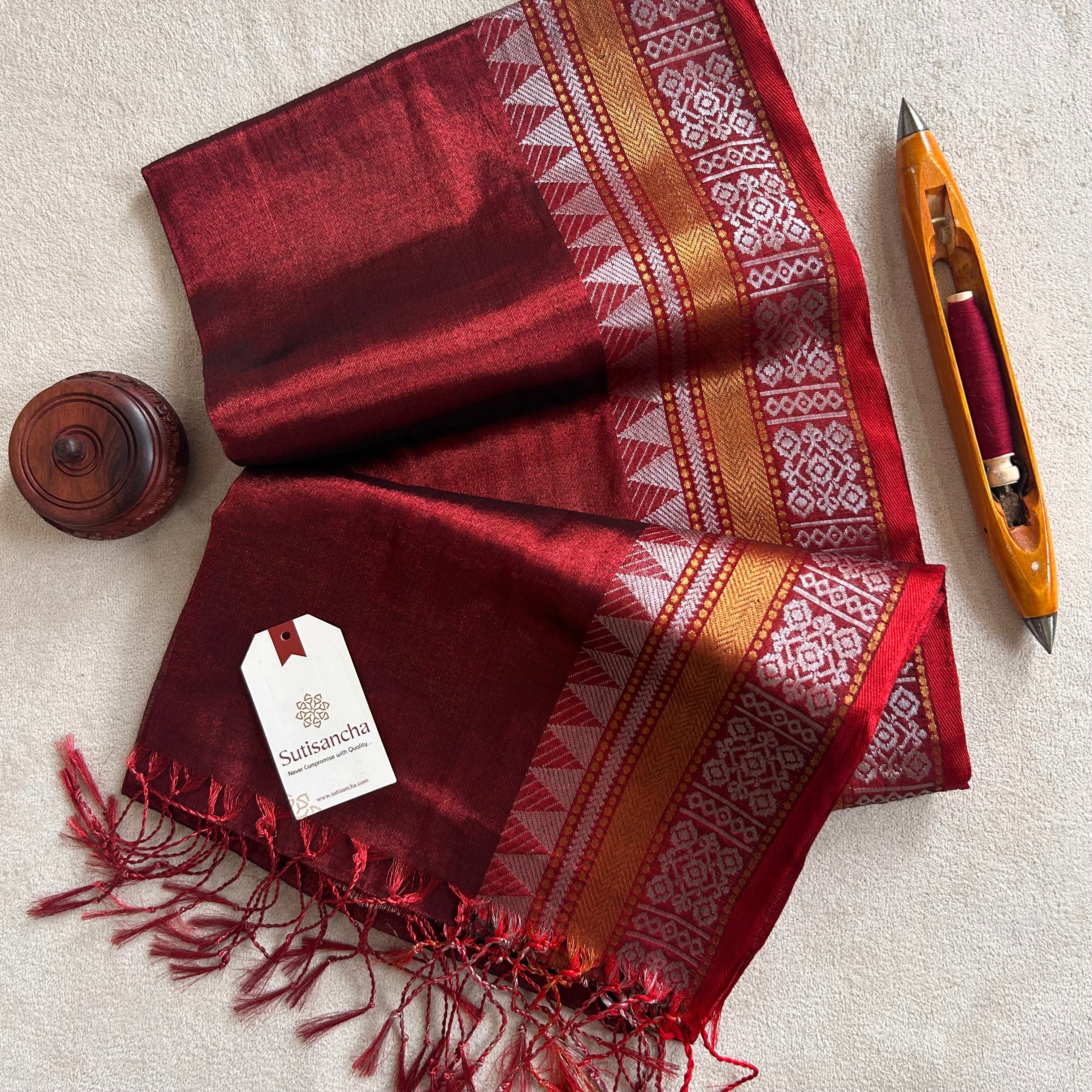 Artisan’s Touch: Maroon Handloom Tissue Cotton Saree