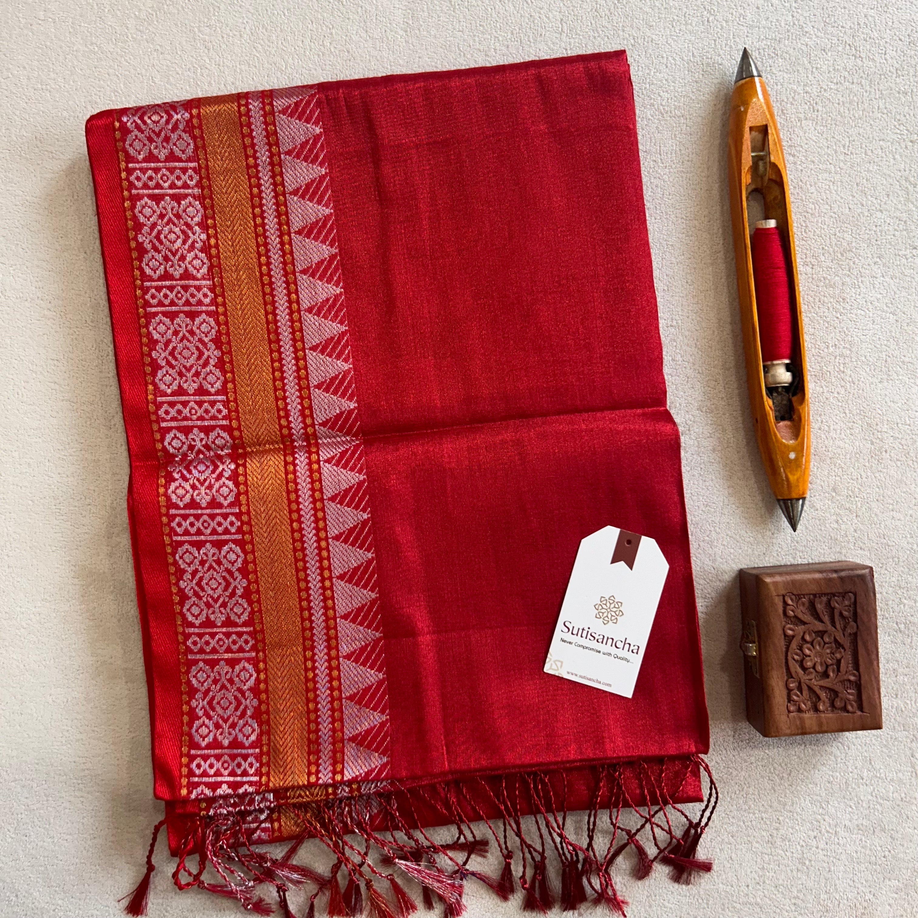 Artisan’s Touch: Red Handloom Tissue Cotton Saree