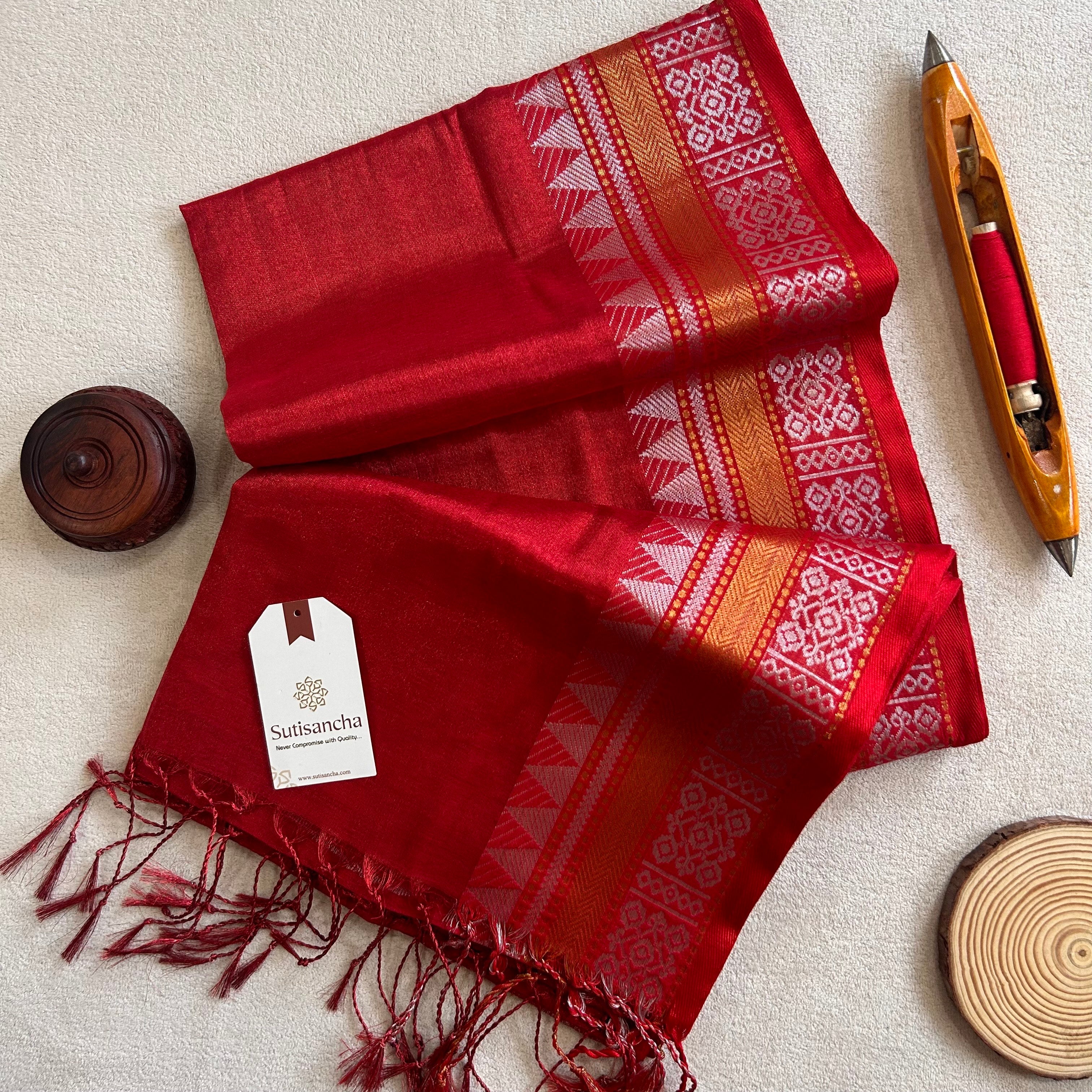 Artisan’s Touch: Red Handloom Tissue Cotton Saree