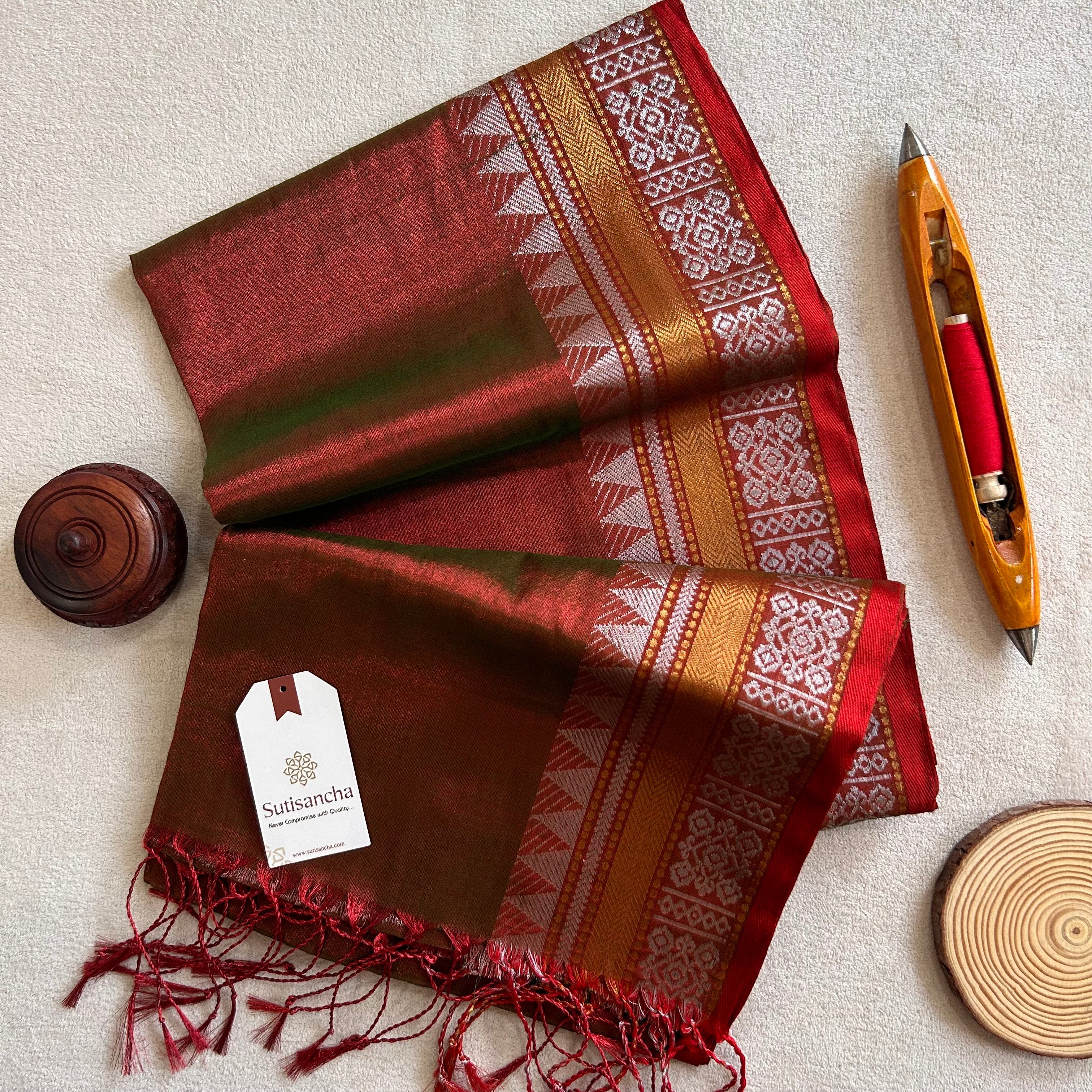 Artisan’s Touch: Dualtone red Handloom Tissue Cotton Saree