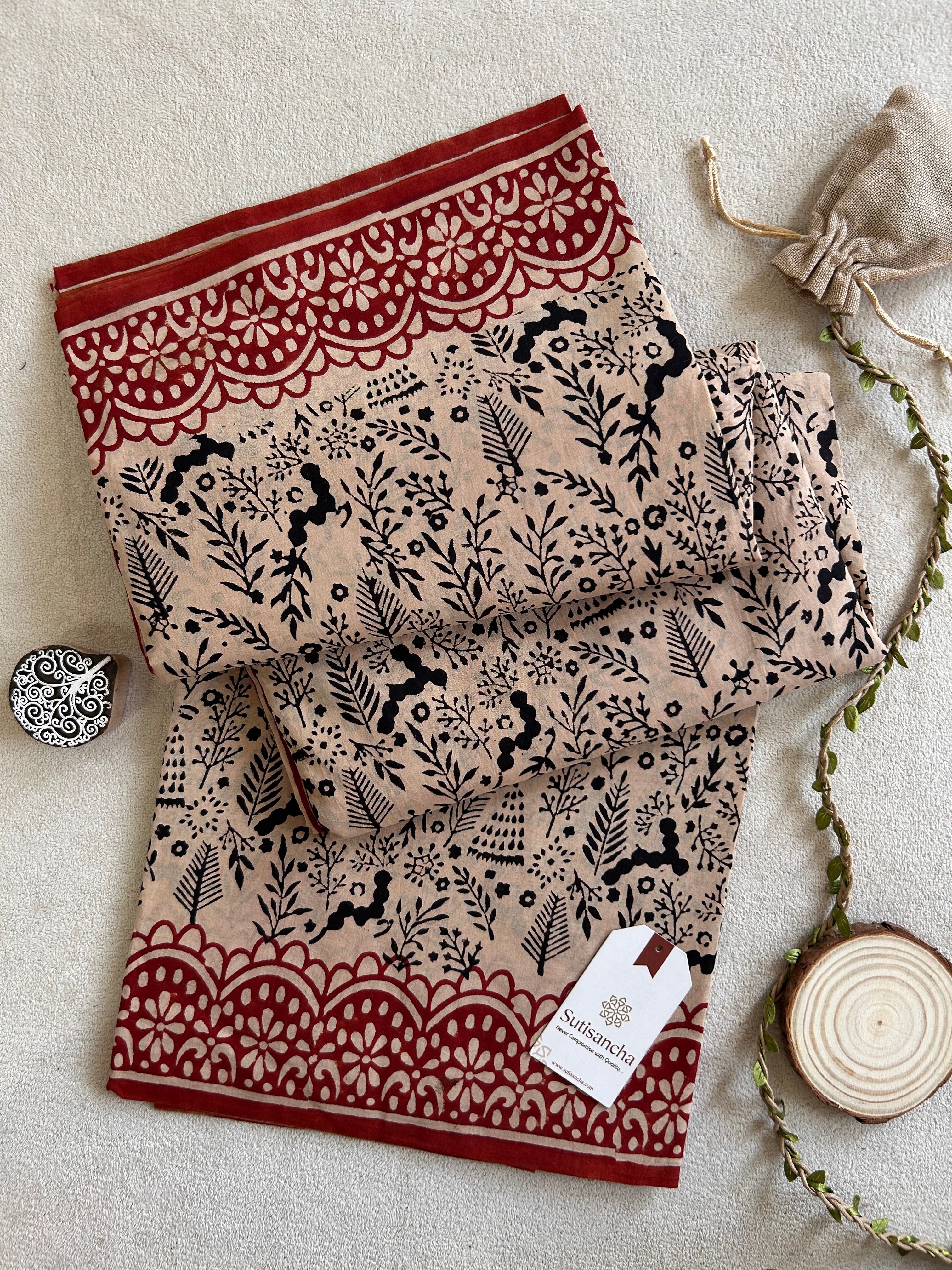 Bagru Hand Block Printed Mulmul Cotton Saree