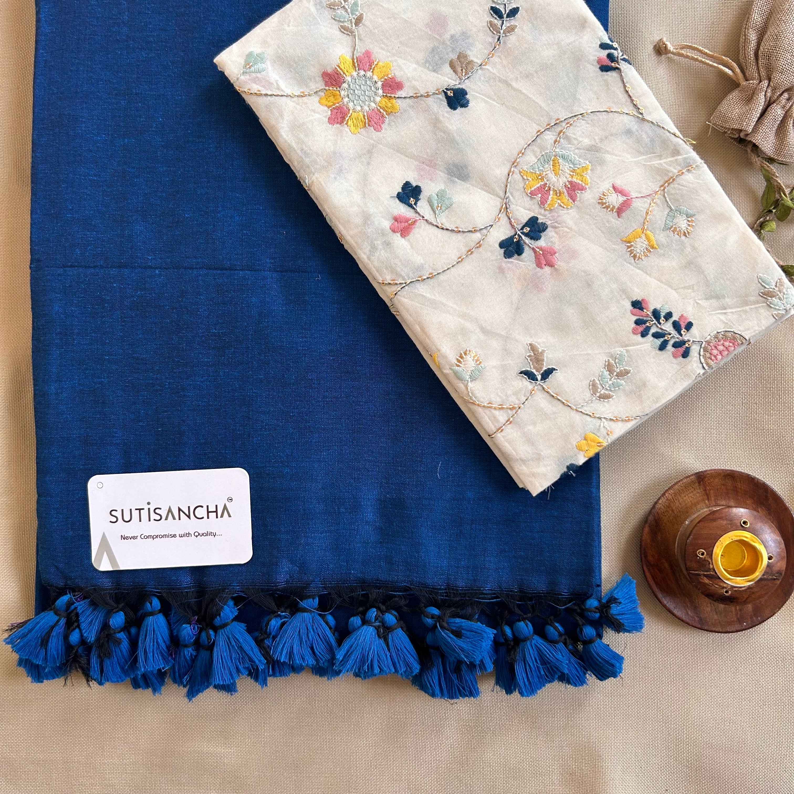 Sutisancha IndigoBlue Handloom Cotton Saree with Designer Blouse