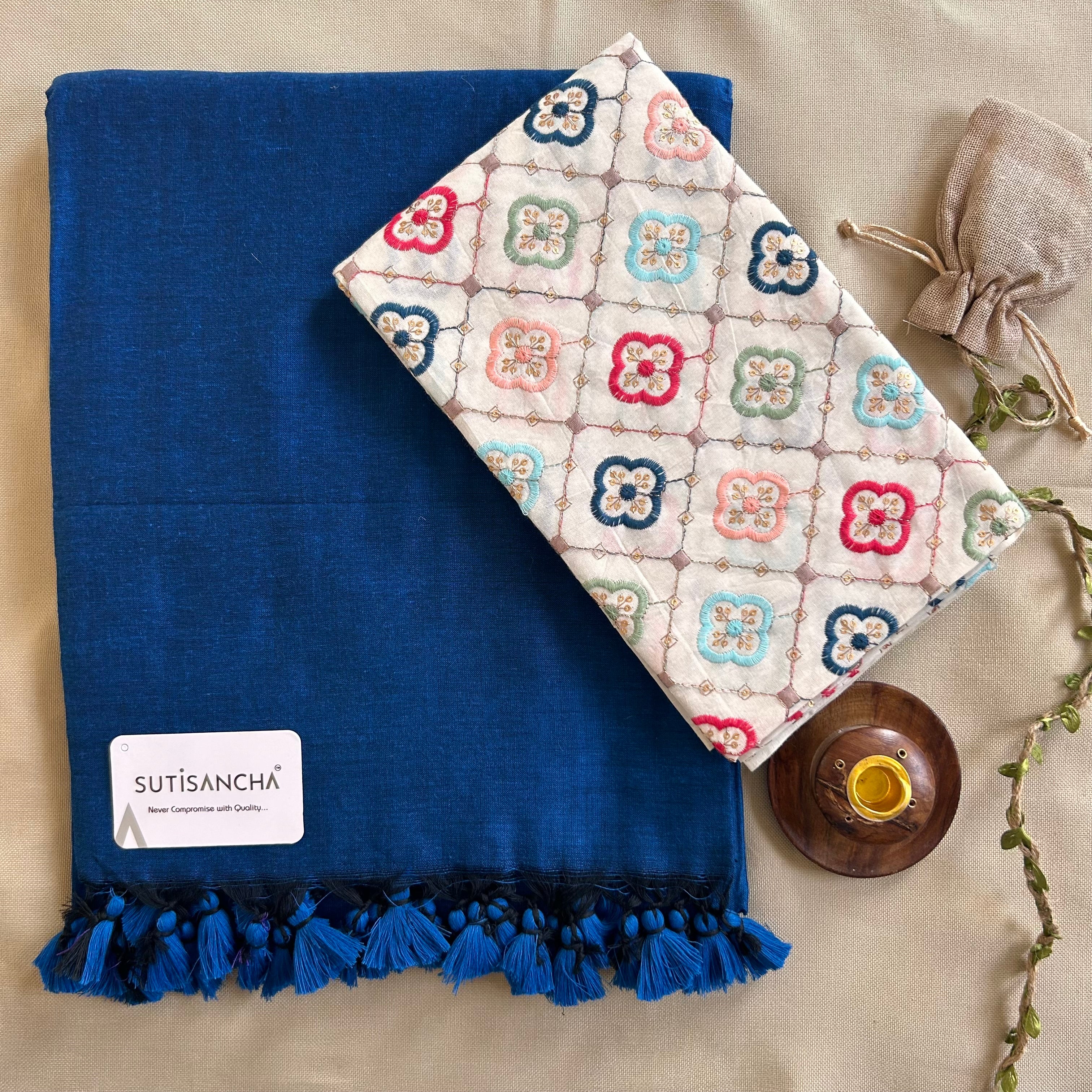 Sutisancha indigoBlue Handloom Cotton Saree with Designer Blouse
