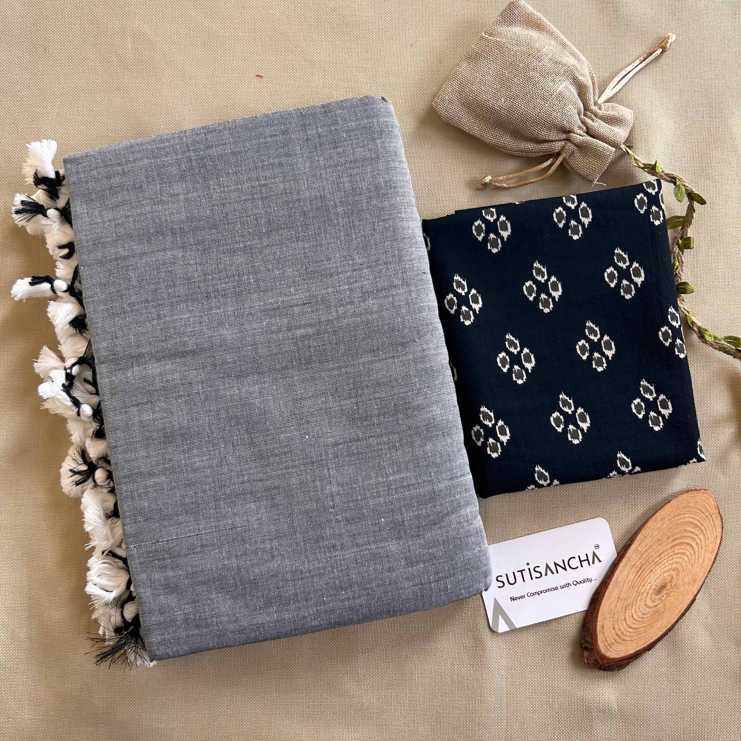 Sutisancha Grey Handloom Cotton Saree & Designer Blouse