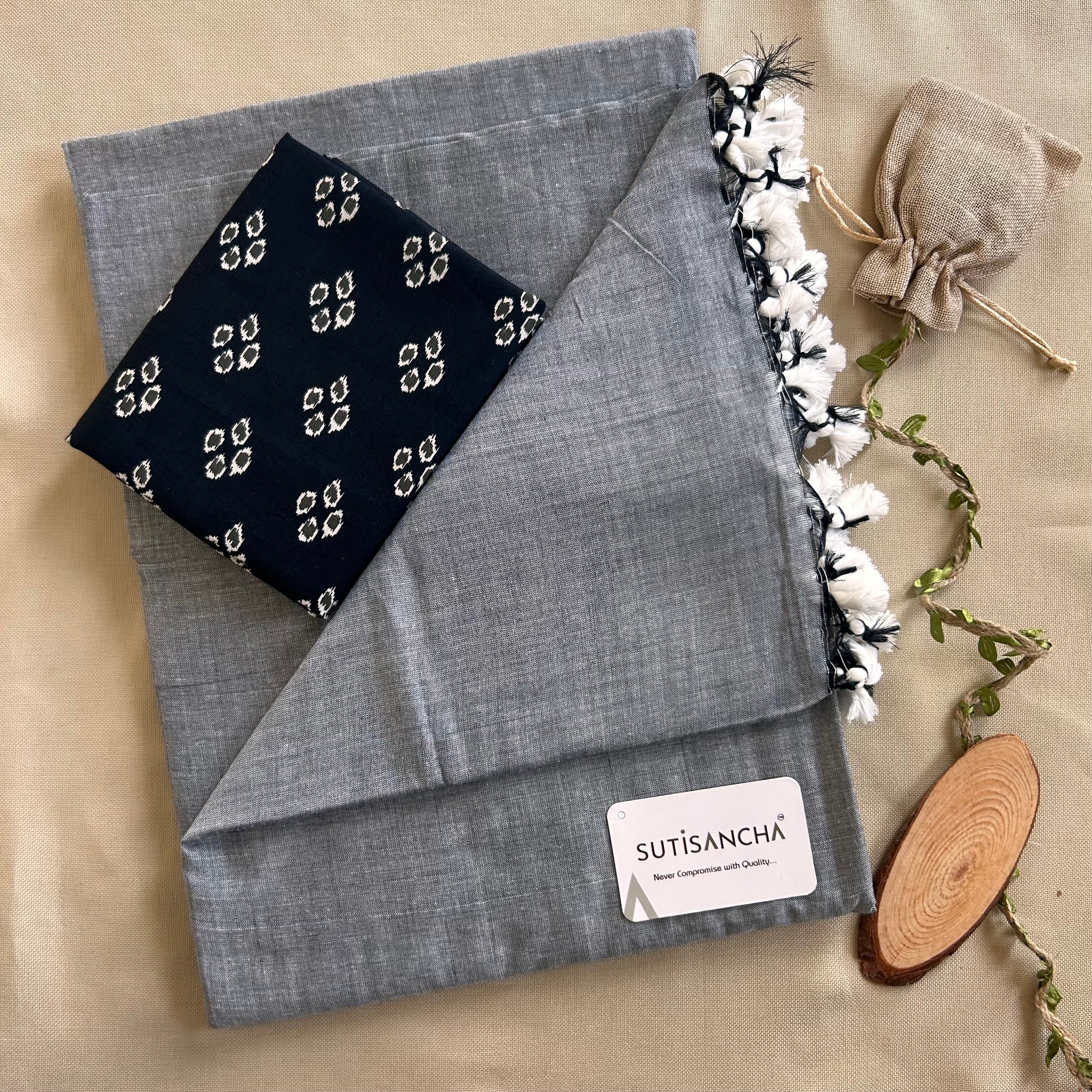 Sutisancha Grey Handloom Cotton Saree & Designer Blouse