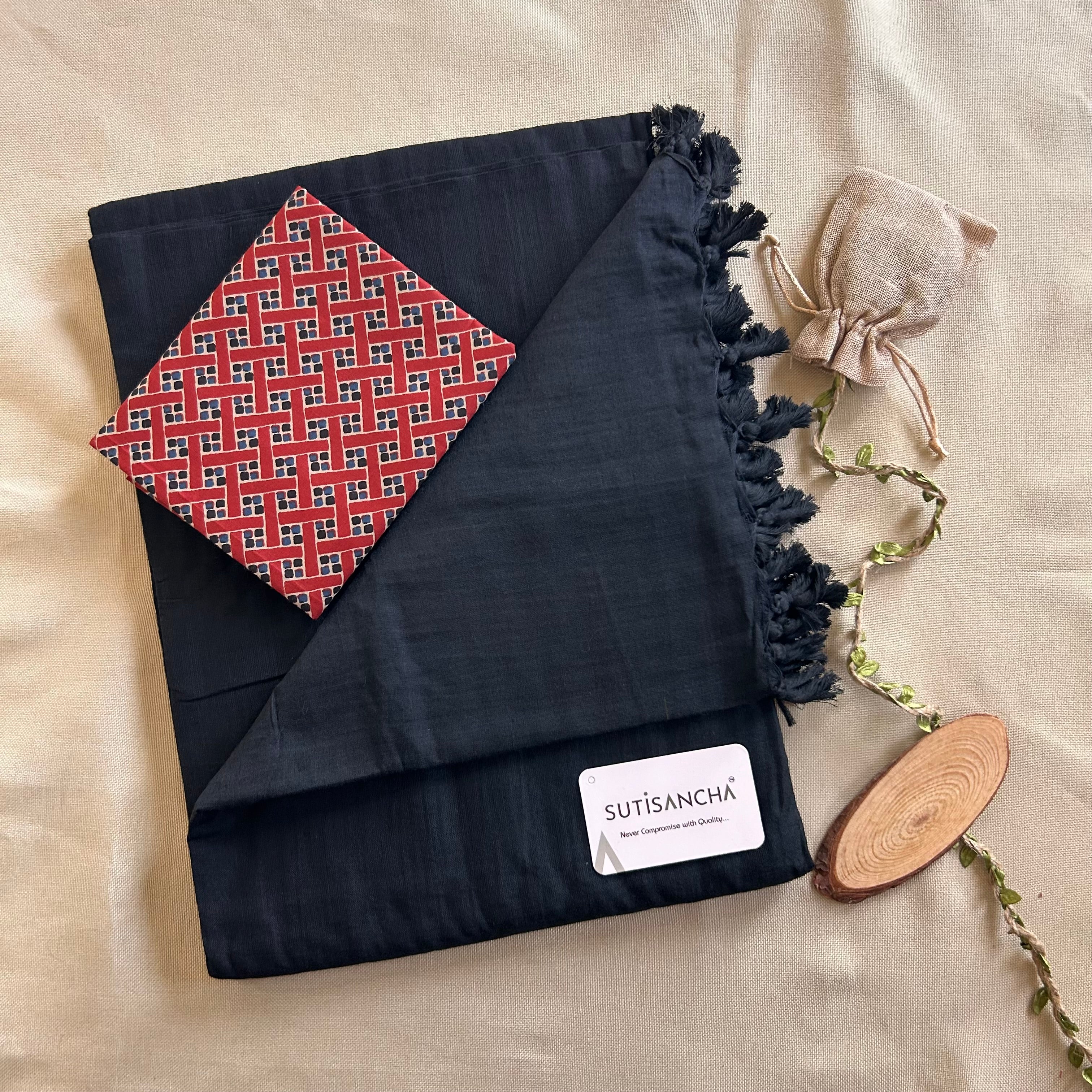 Sutisancha Black Handloom Cotton Saree & Designer Blouse