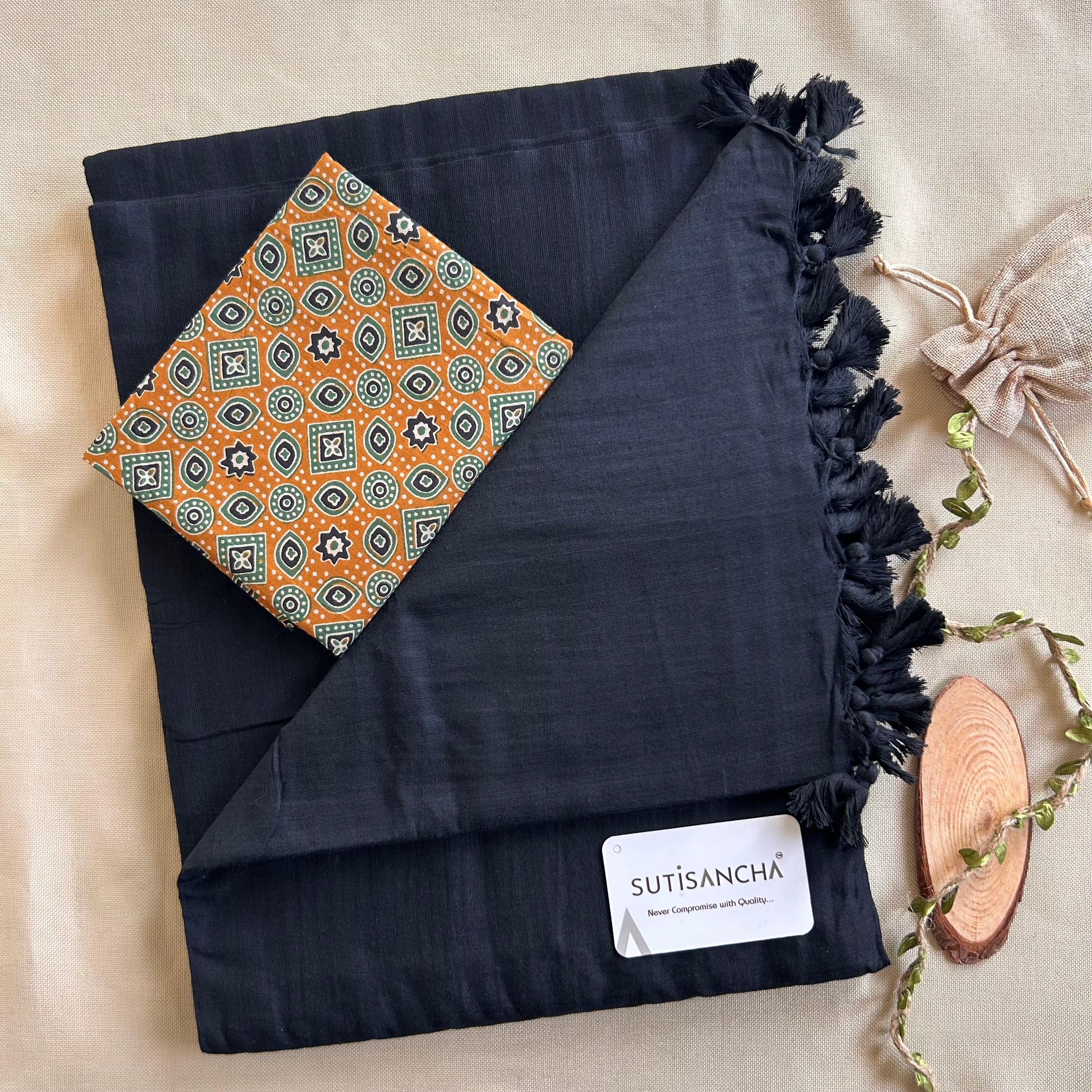 Sutisancha Black Handloom Cotton Saree & Designer Blouse