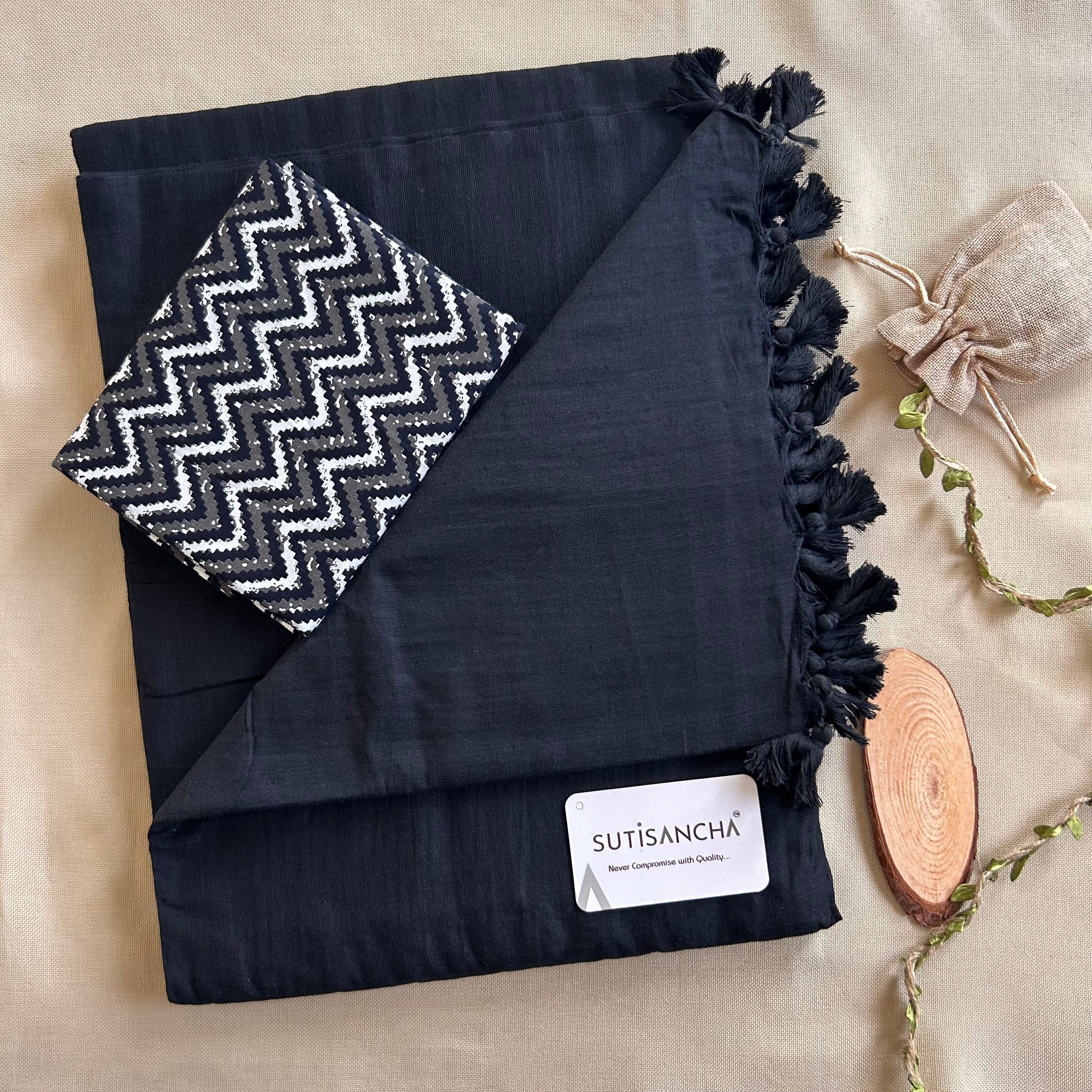 Sutisancha Black Handloom Cotton  Saree & Designer Blouse