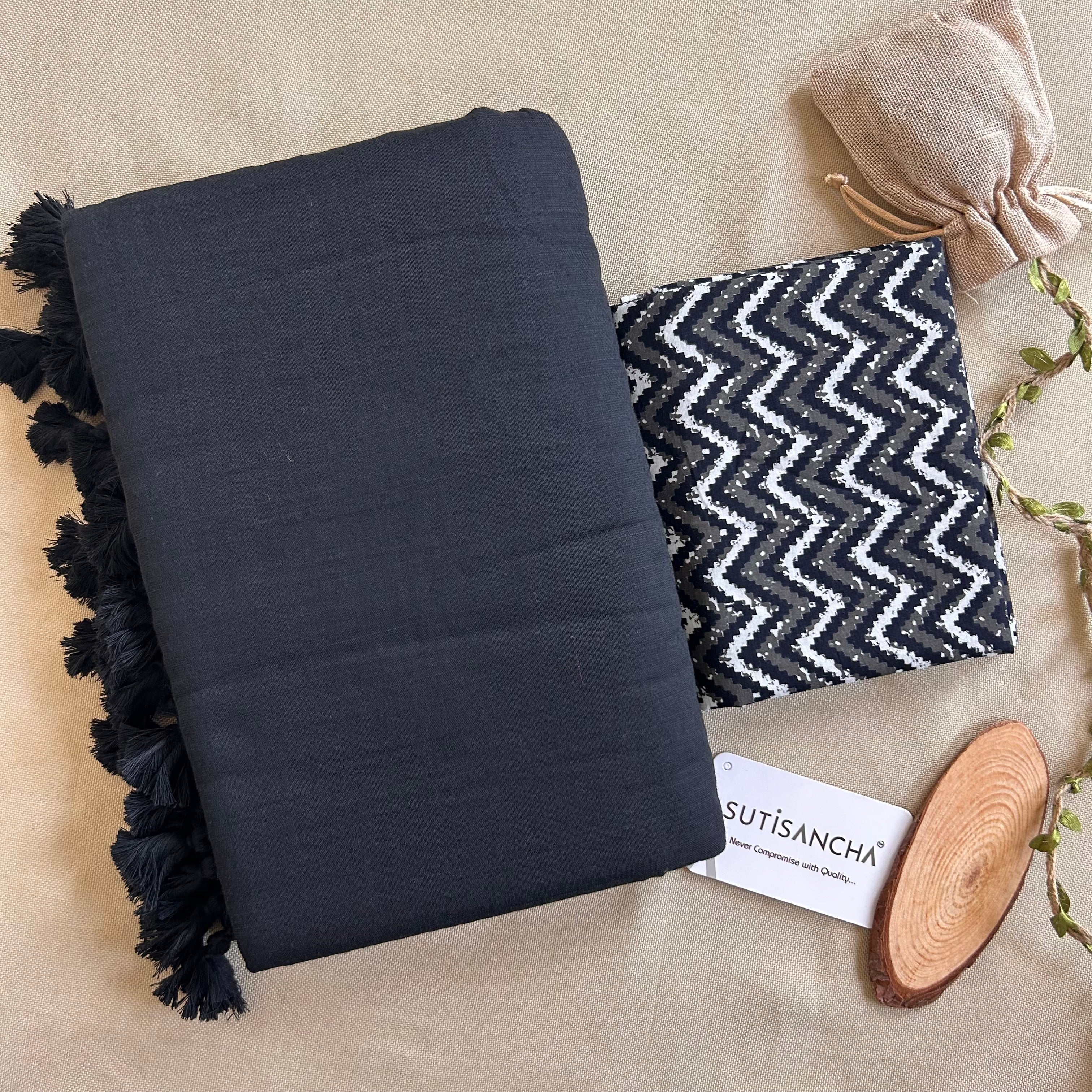 Sutisancha Black Handloom Cotton  Saree & Designer Blouse