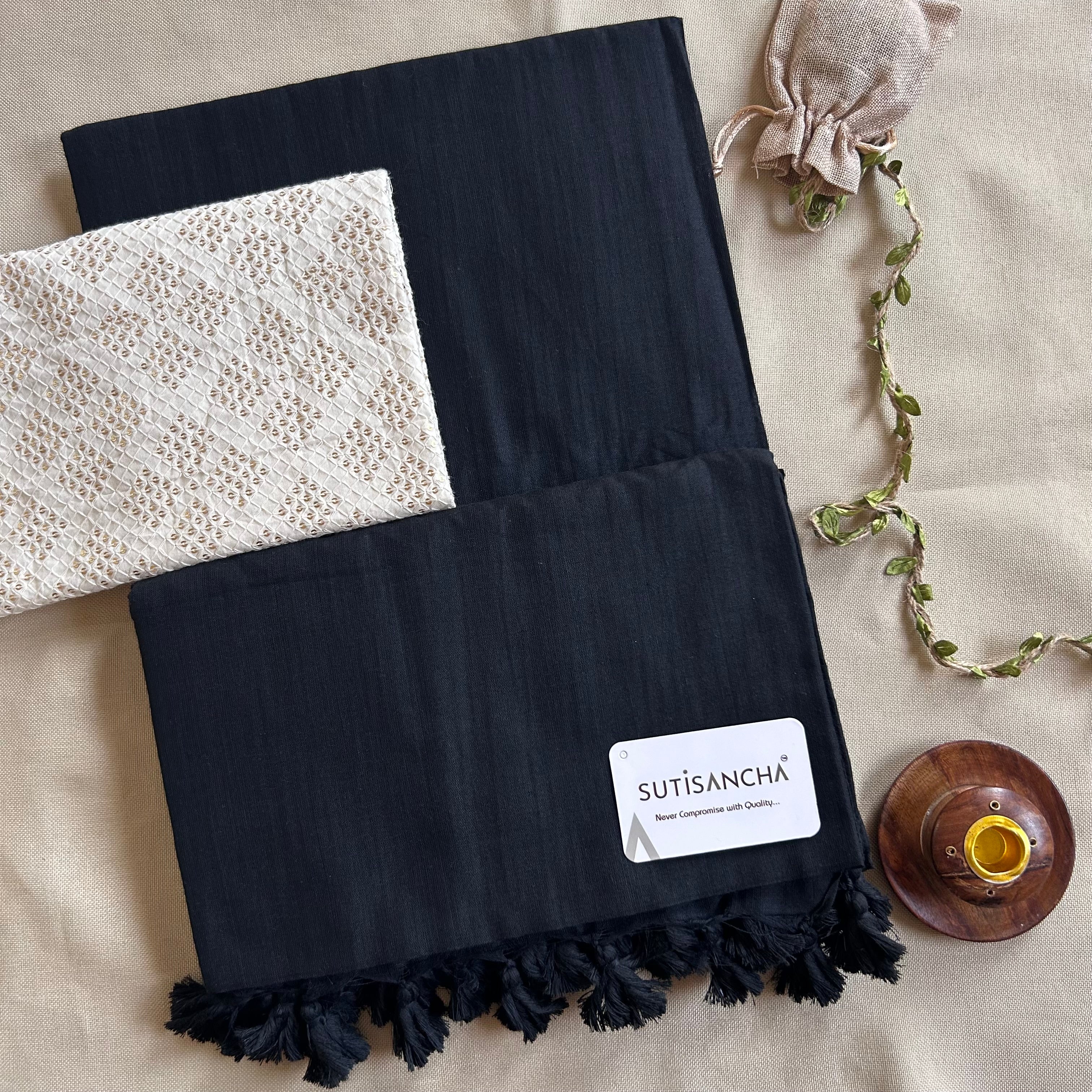 Sutisancha Black Handloom Cotton Saree with Designer Blouse
