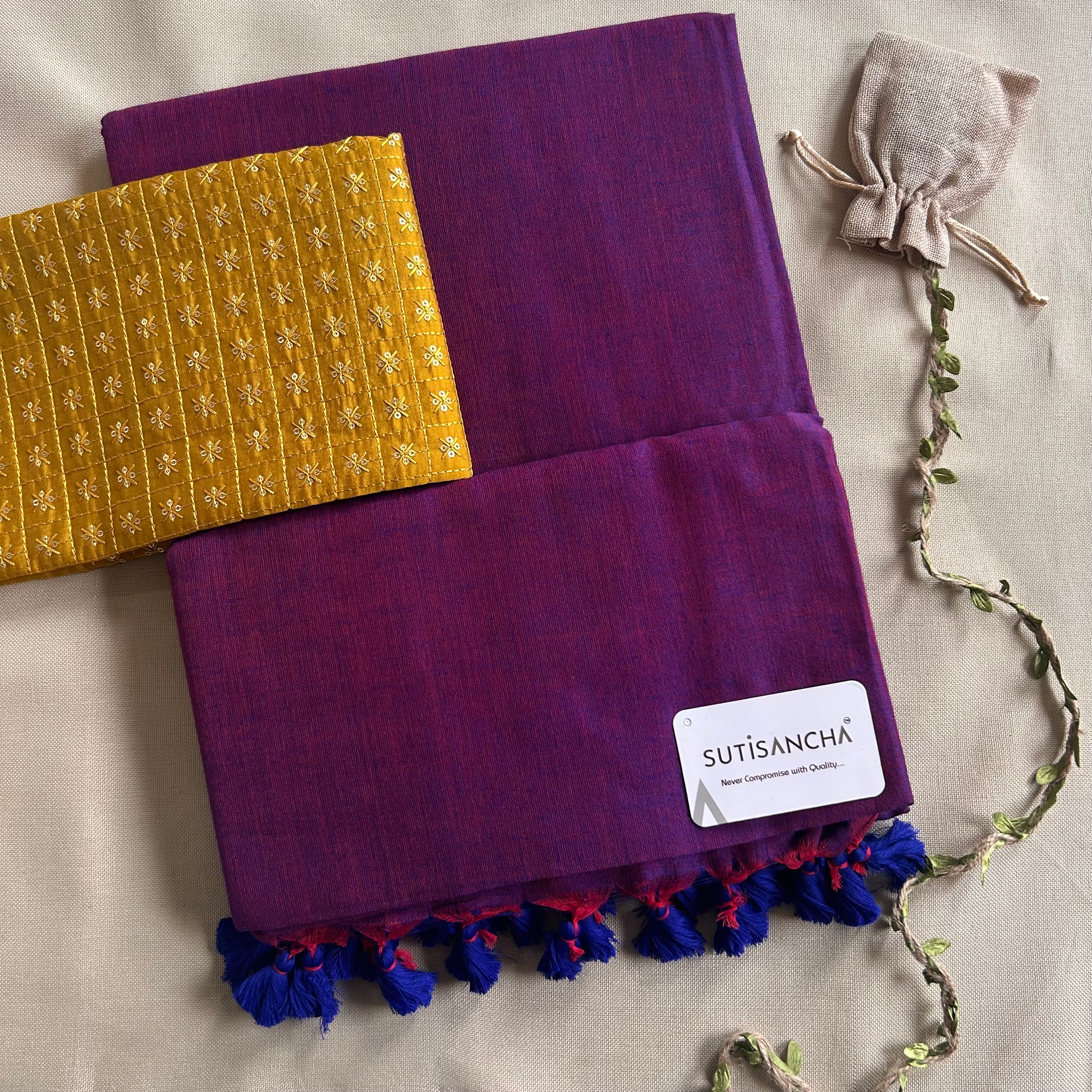 Sutisancha Plum purple cotton Saree designer work Blouse