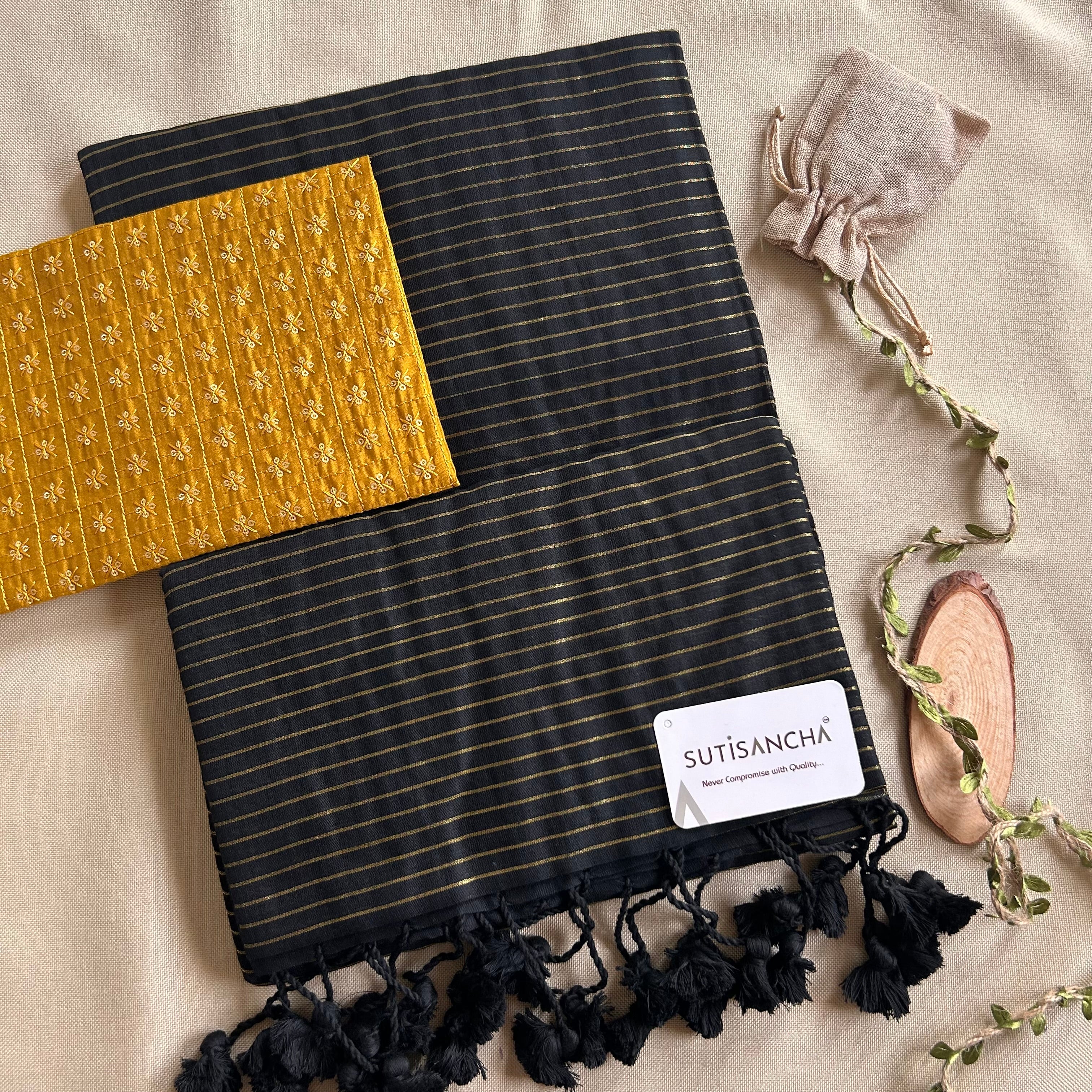 Sutisancha Black Stripe cotton Saree designer work Blouse