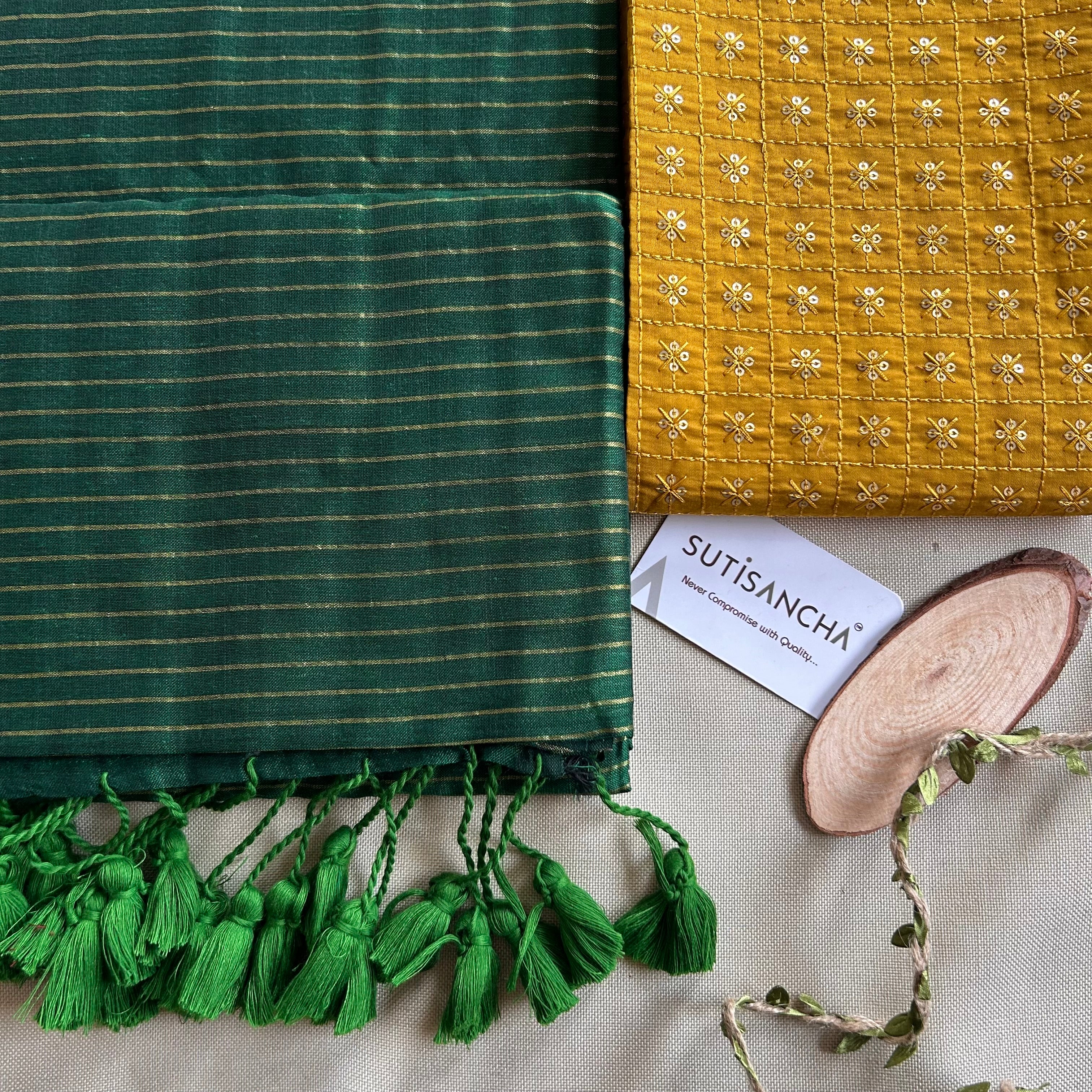 Sutisancha Green Stripe cotton Saree designer work Blouse