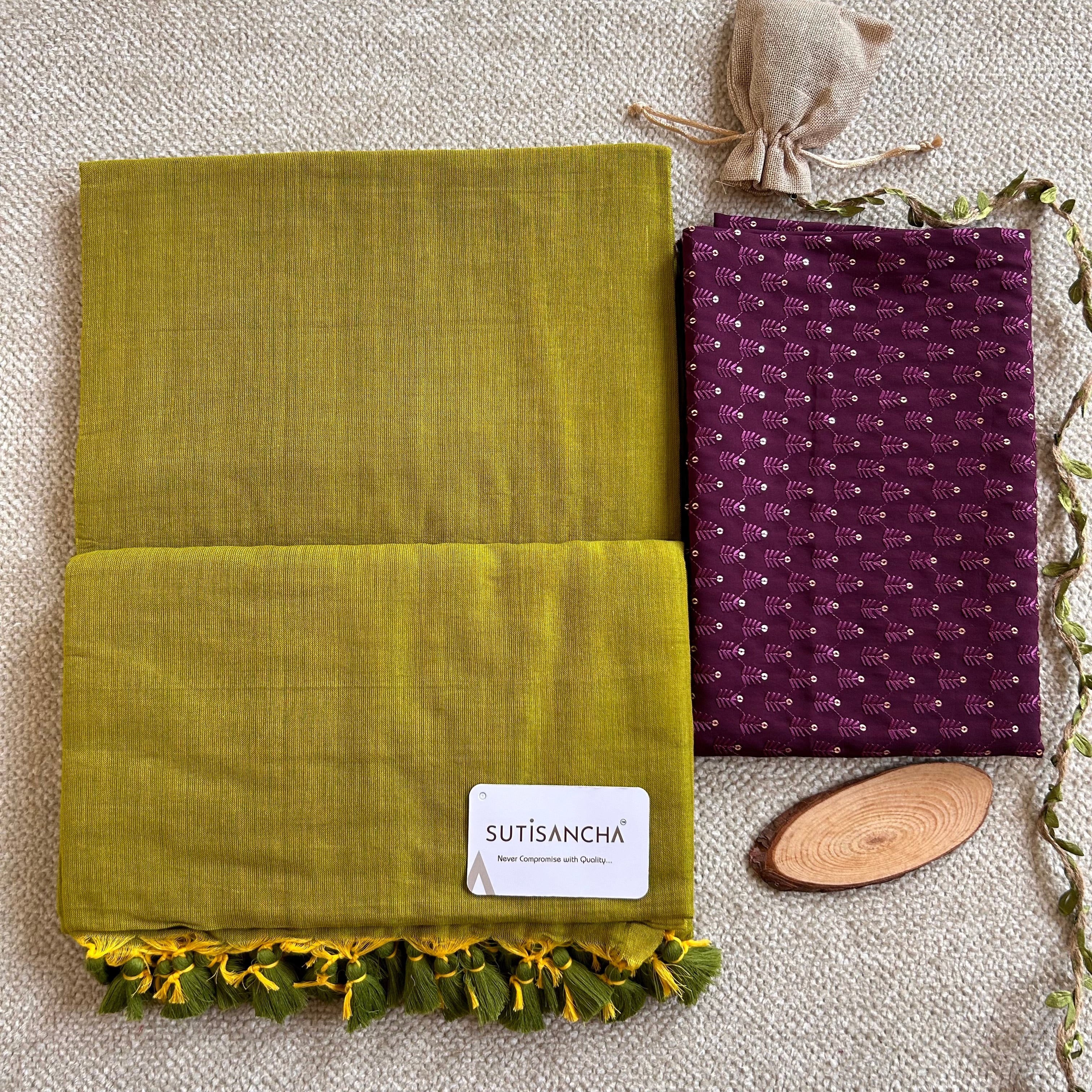 Sutisancha Lime colour Khadi Saree with designer Work Blouse