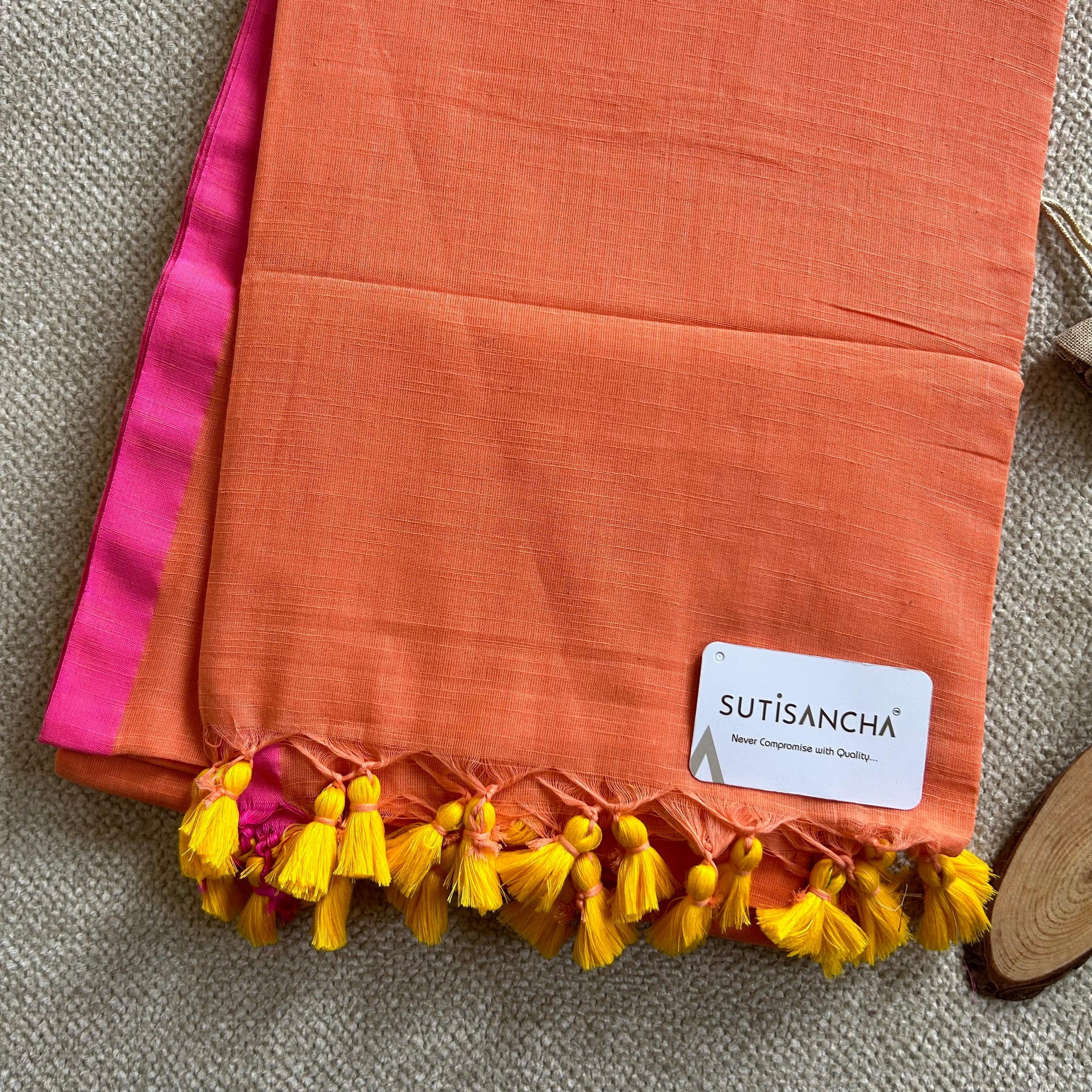 Sutisancha Peach & Pink Border Handloom Saree - Suti Sancha