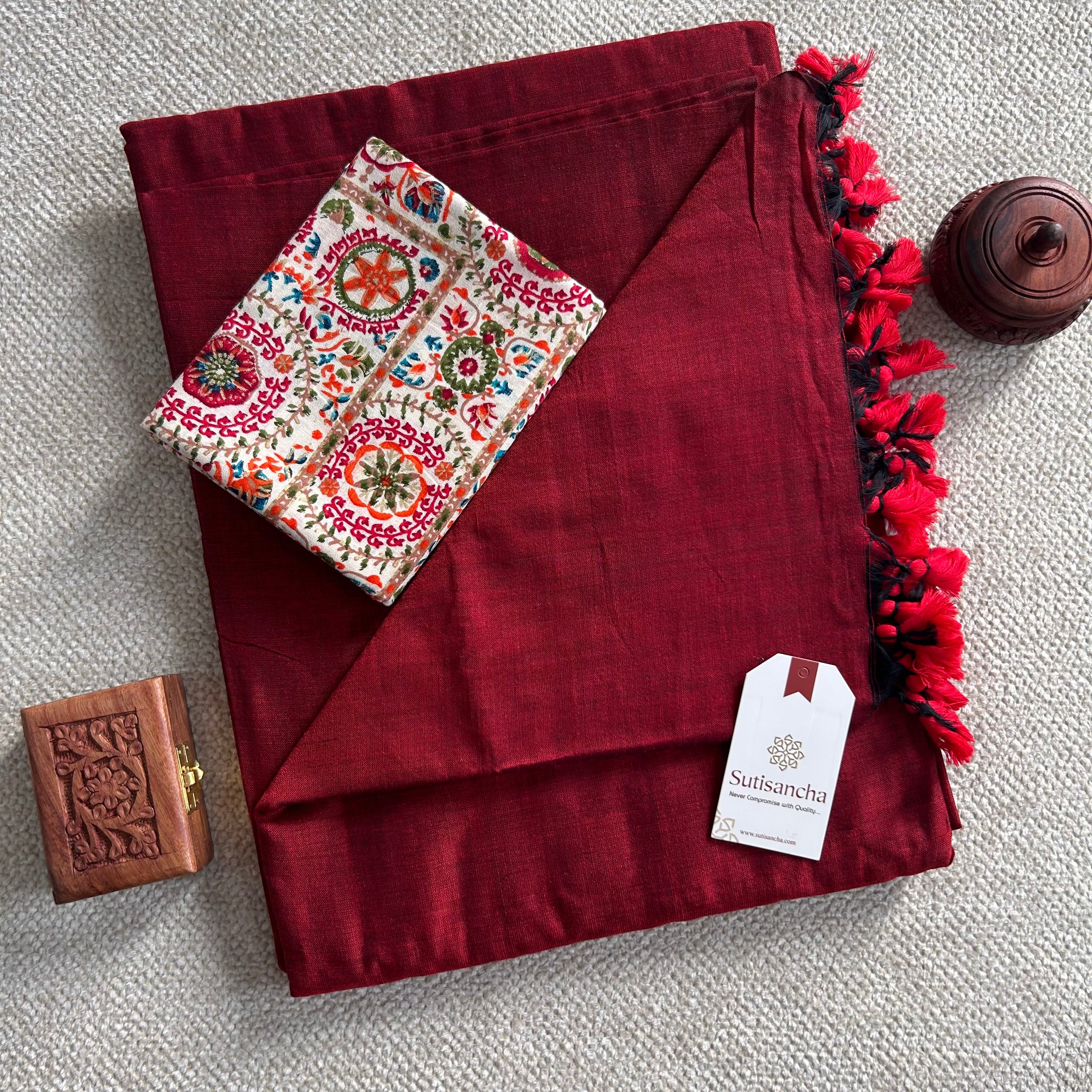 Sutisancha Cherry Red Khadi Saree With Designer Foil Printed Blouse
