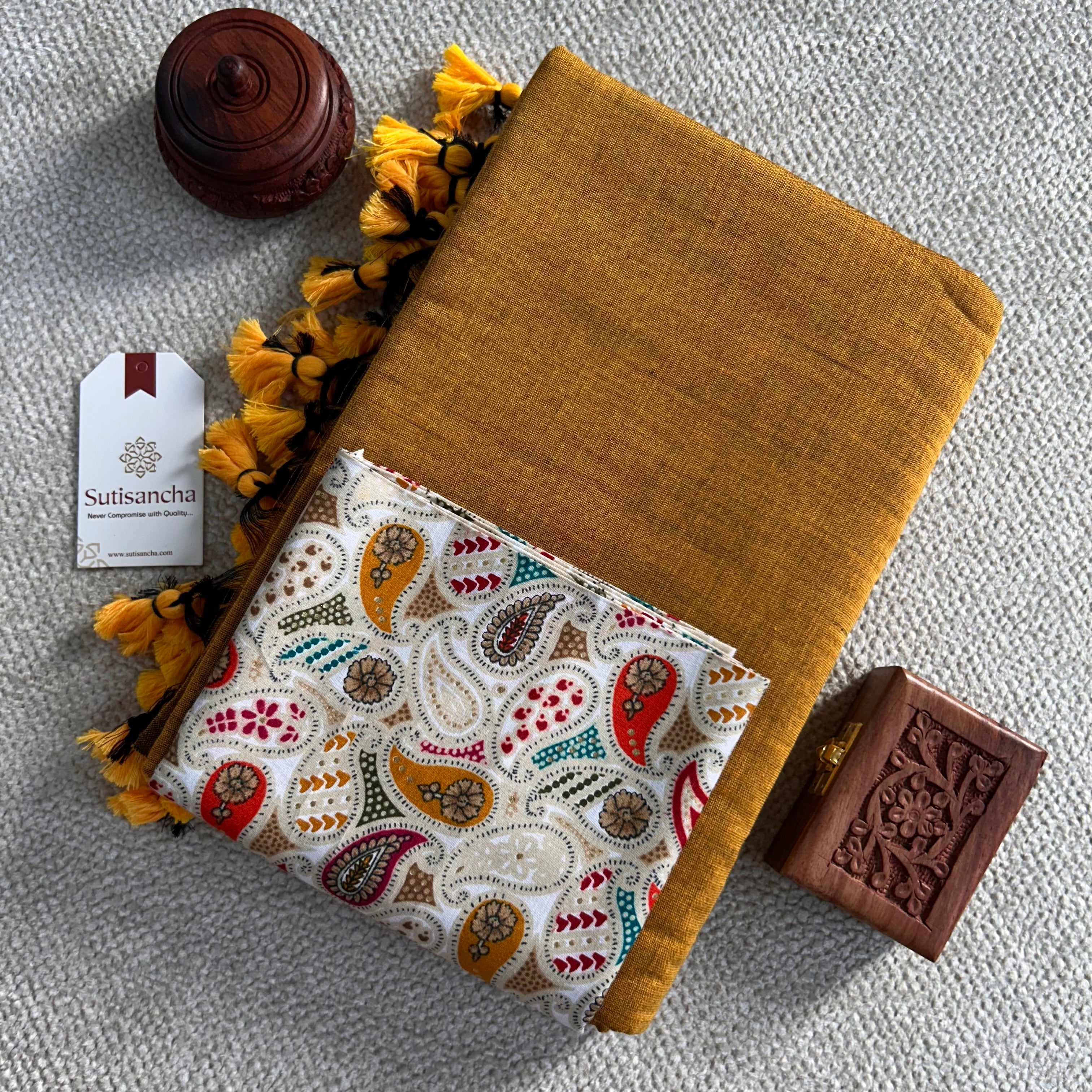 Sutisancha Mustard Khadi Saree With Designer Foil Printed Blouse