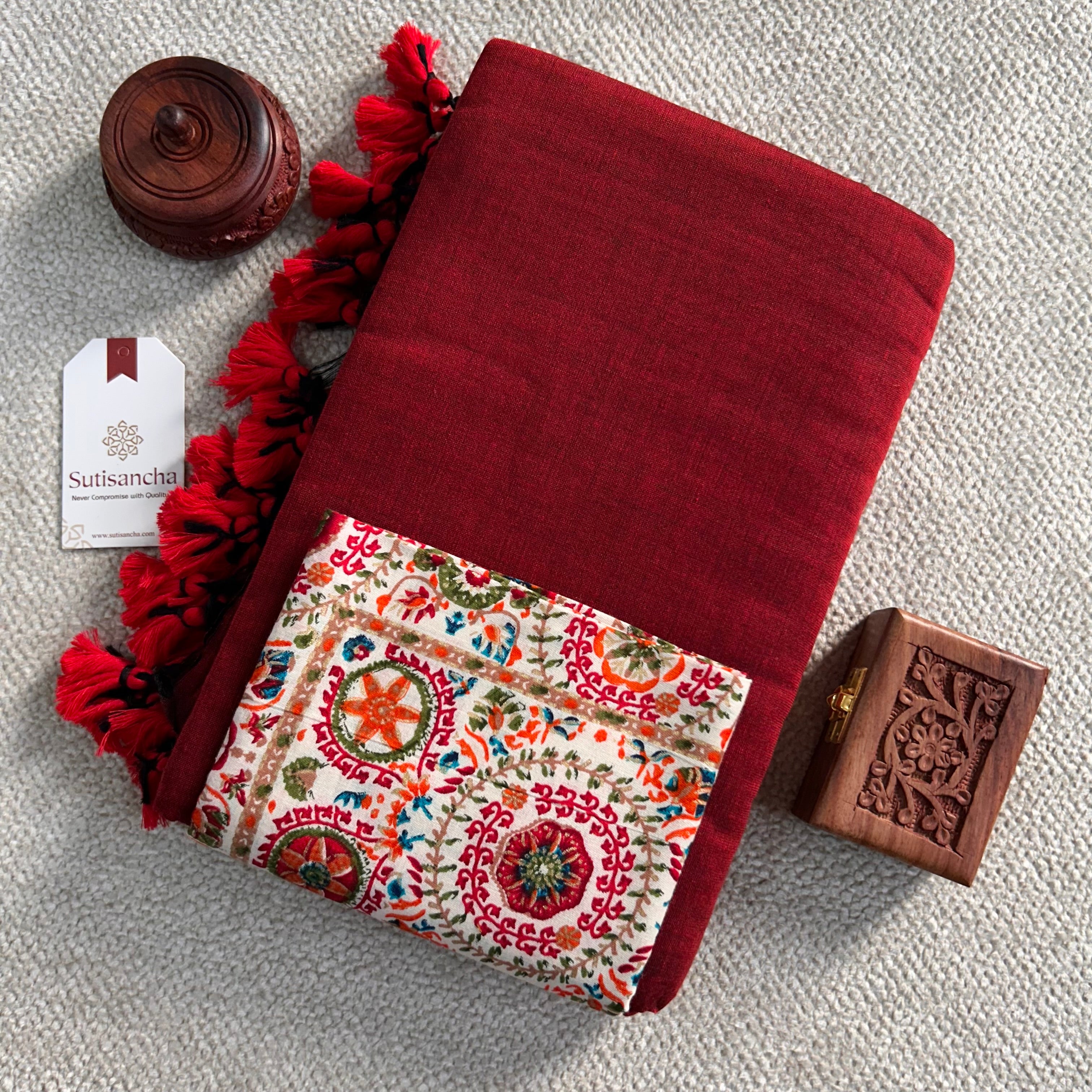 Sutisancha Cherry Red Khadi Saree With Designer Foil Printed Blouse