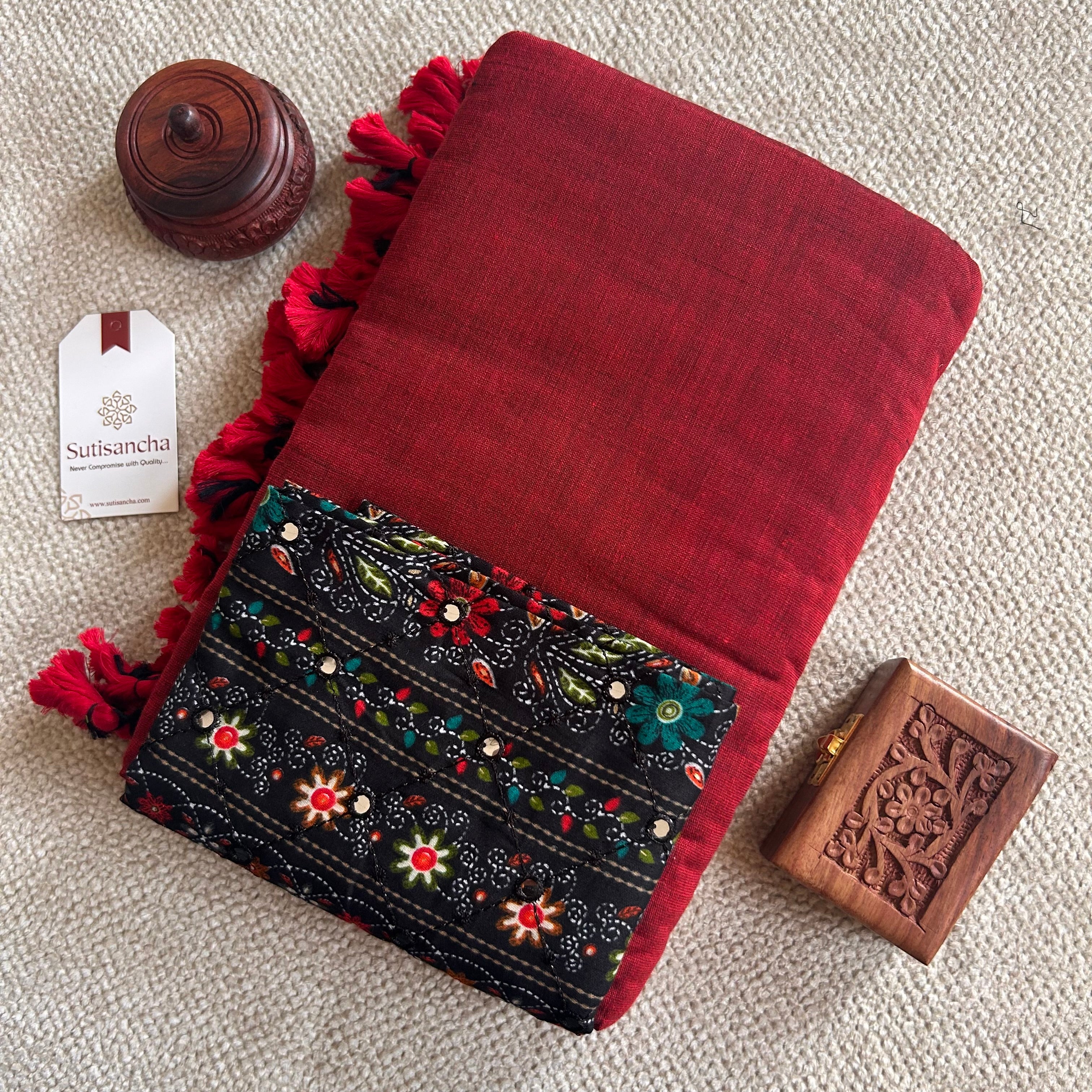Sutisancha Cherry Red Handloom Cotton Saree with designer Work Blouse