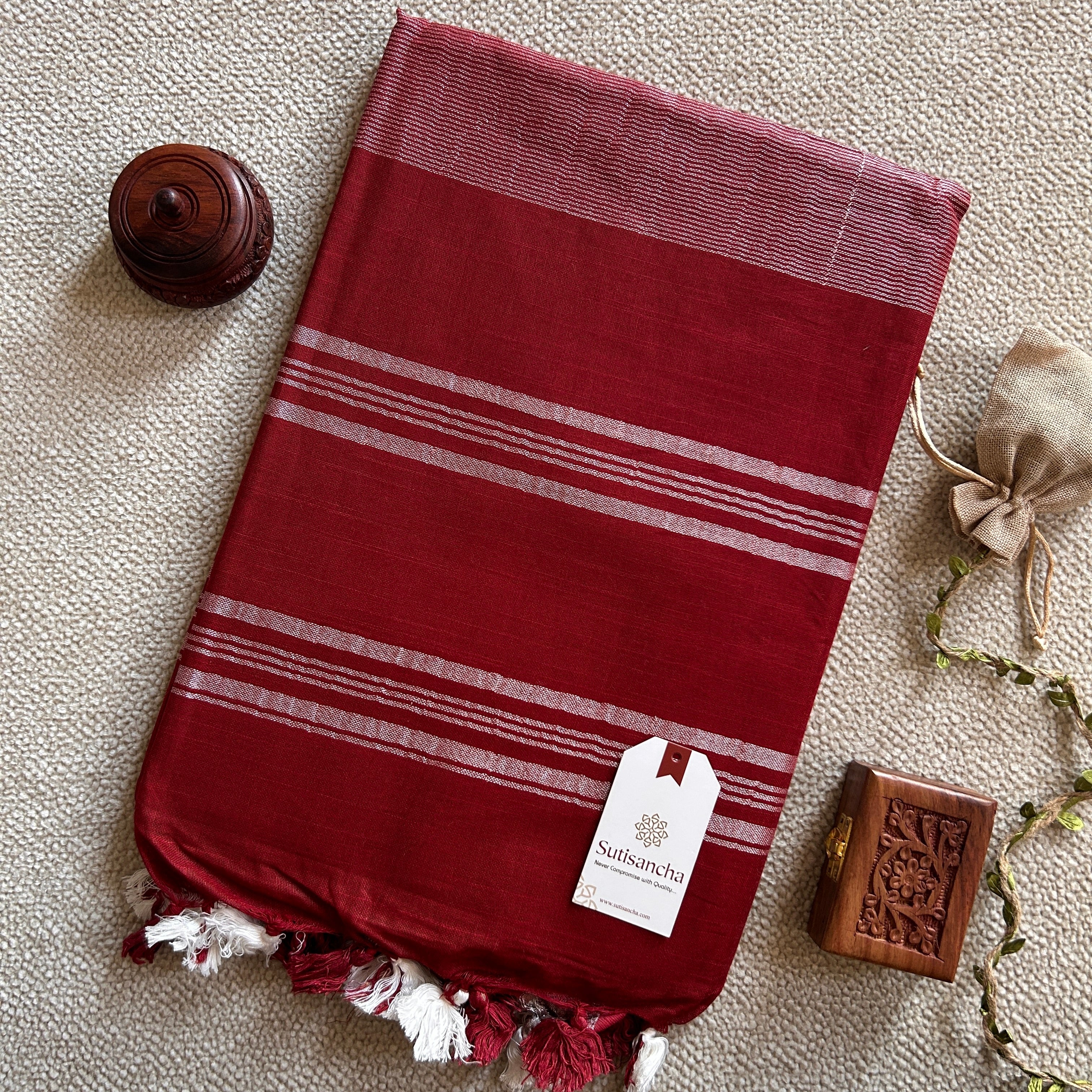 Sutisancha Cherry Red Linen Saree