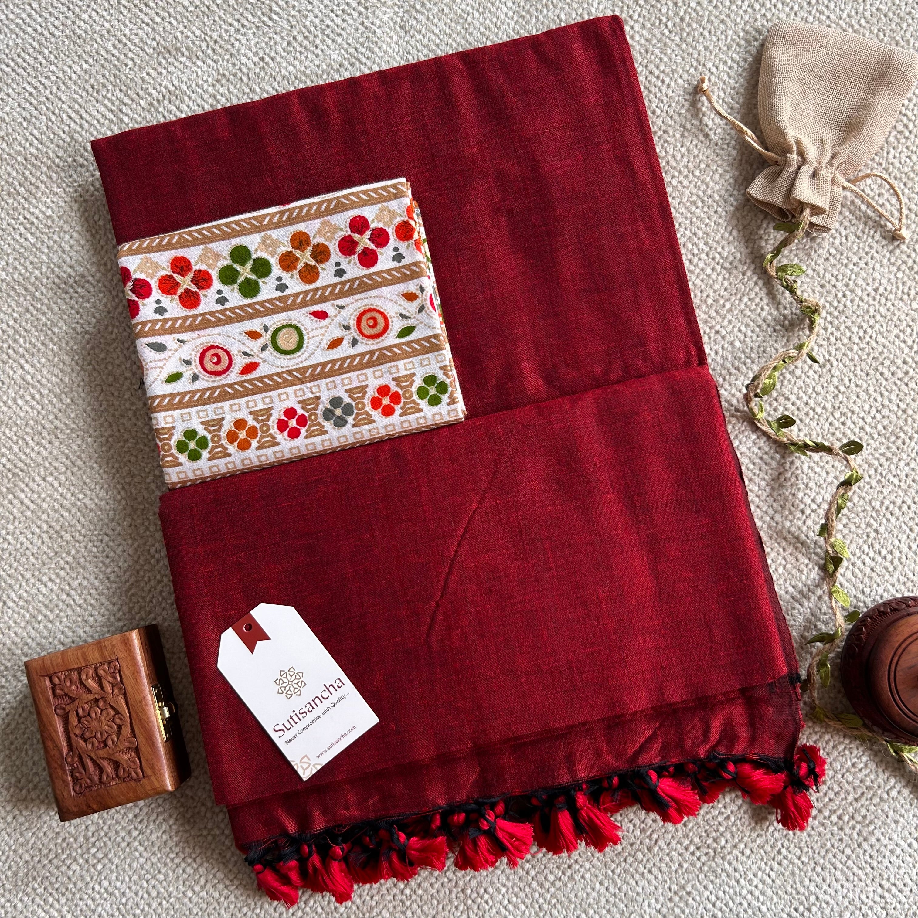 Sutisancha Cherry Red Handloom Cotton Saree With Blouse