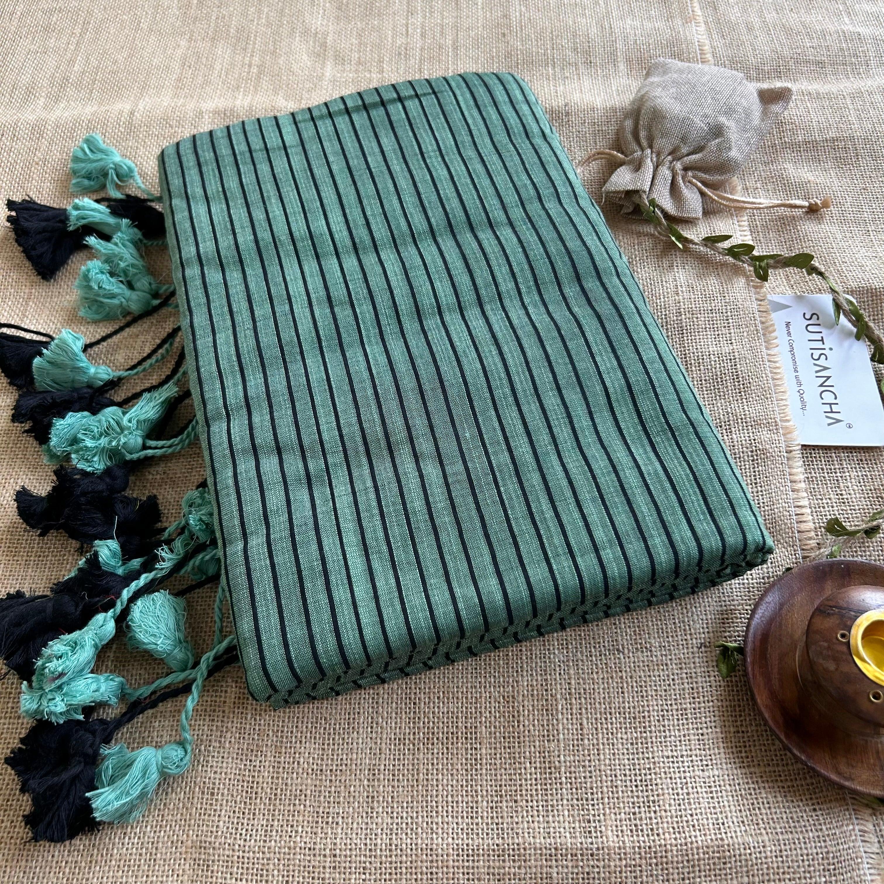 Sutisancha WinterGreen Stripe Cotton saree - Suti Sancha