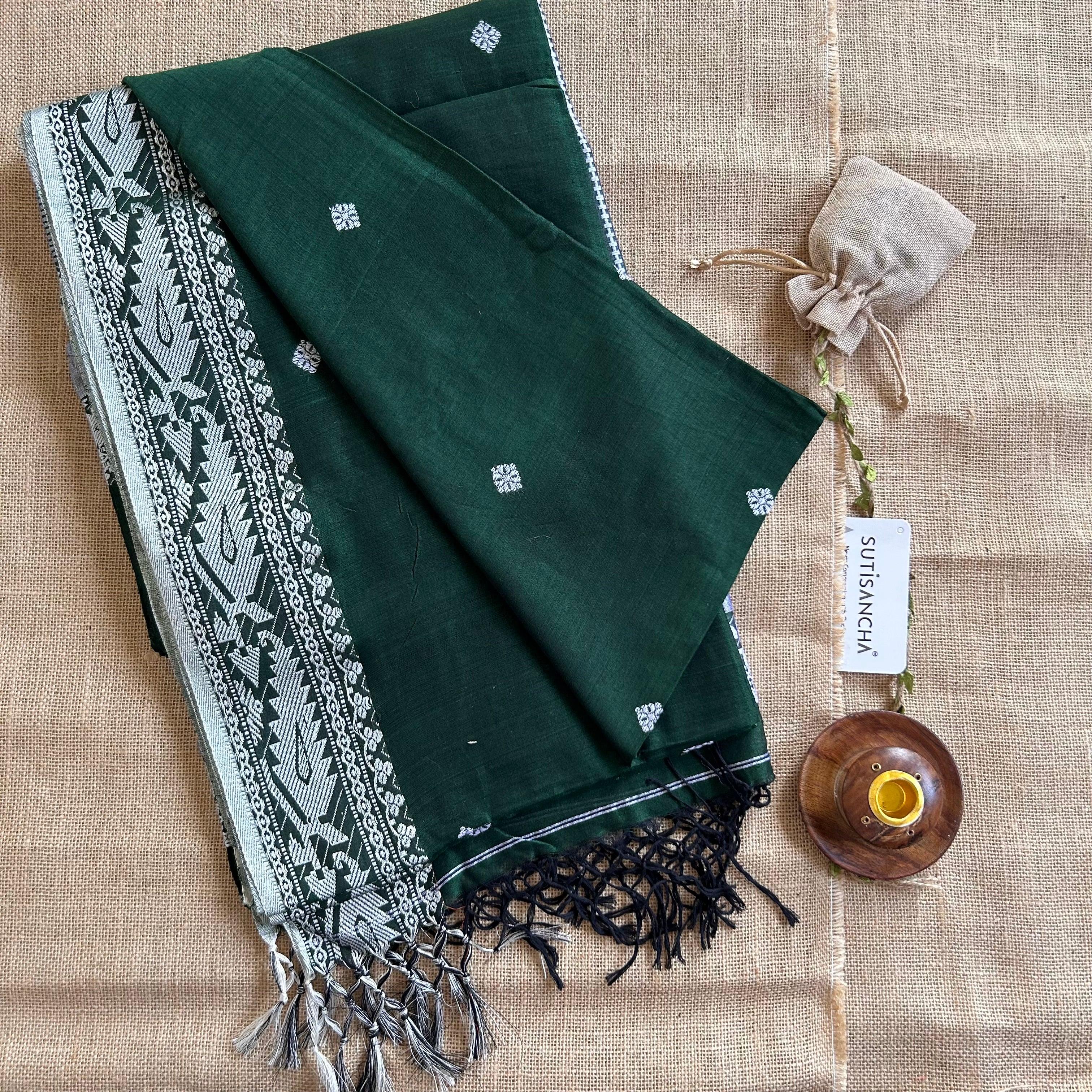 Pure Handloom Cotton Green jamdani Weaving saree - Suti Sancha